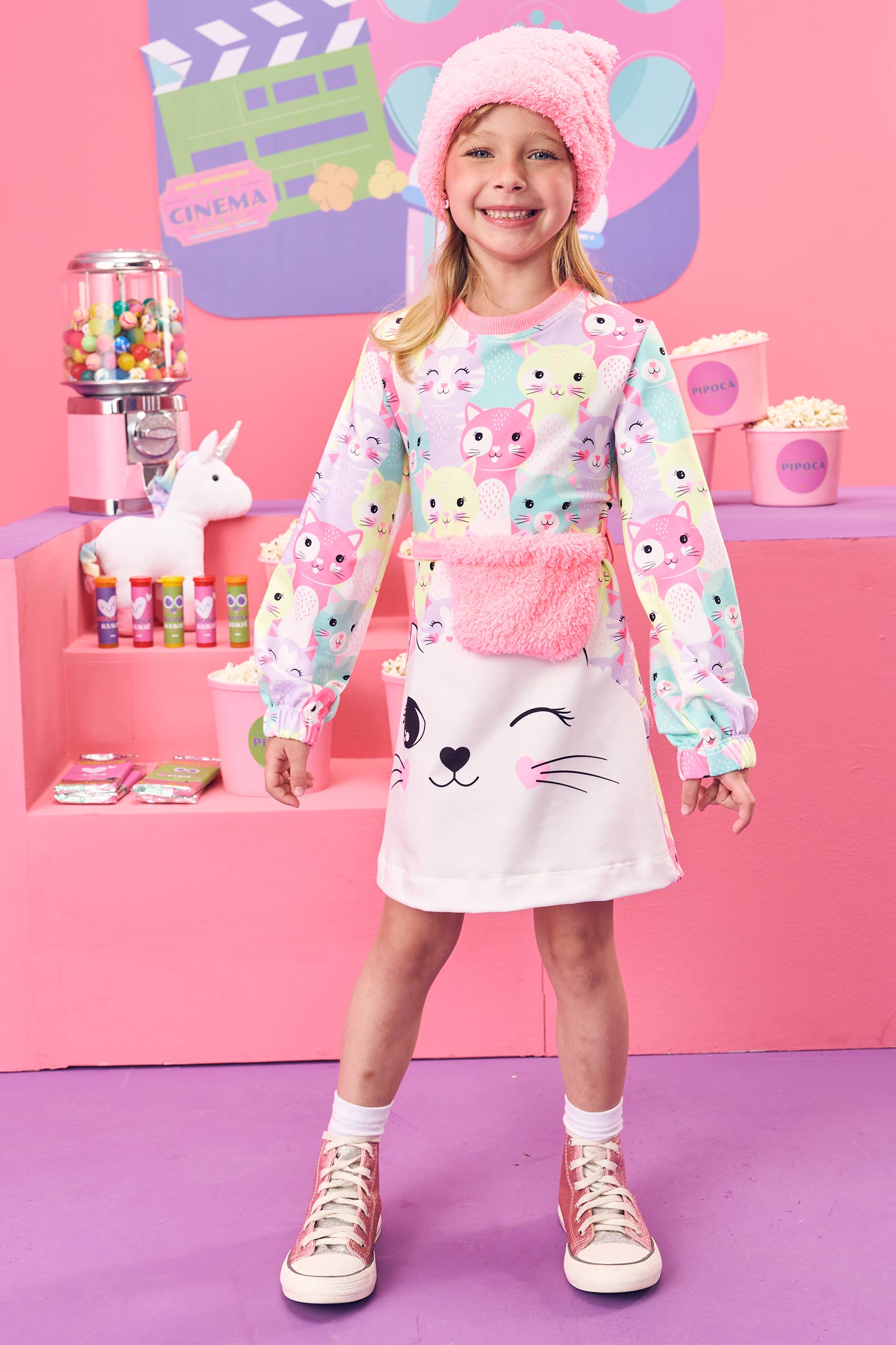 Vestido Infantil Kukie Inverno Gatinho com Pochete