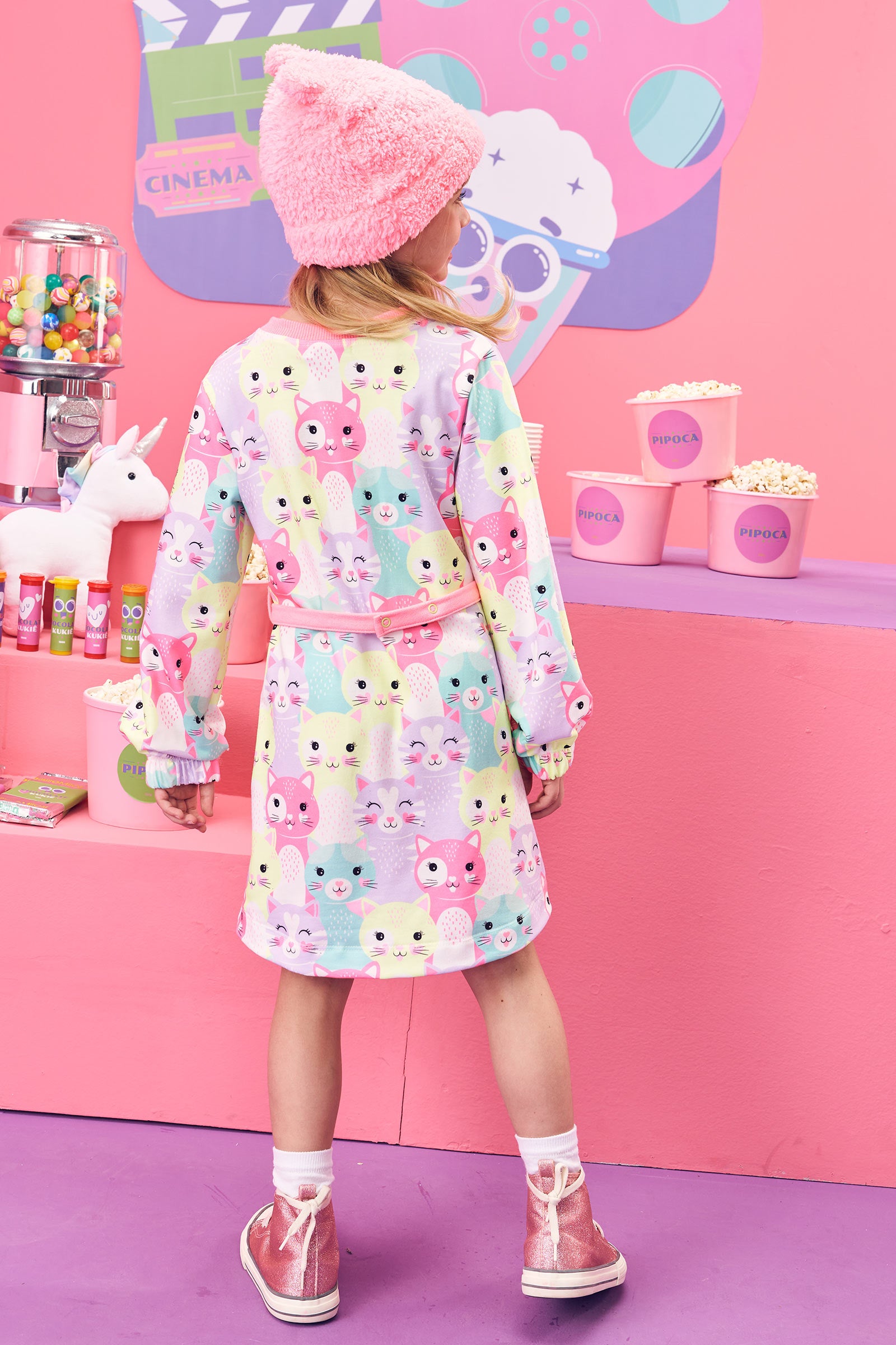 Vestido Infantil Kukie Inverno Gatinho com Pochete