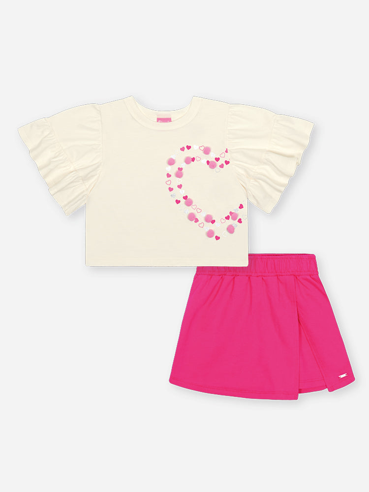 Conjunto Infantil Cinti Verão com Shorts Saia Rosa e Blusa Branca Coração Pompon