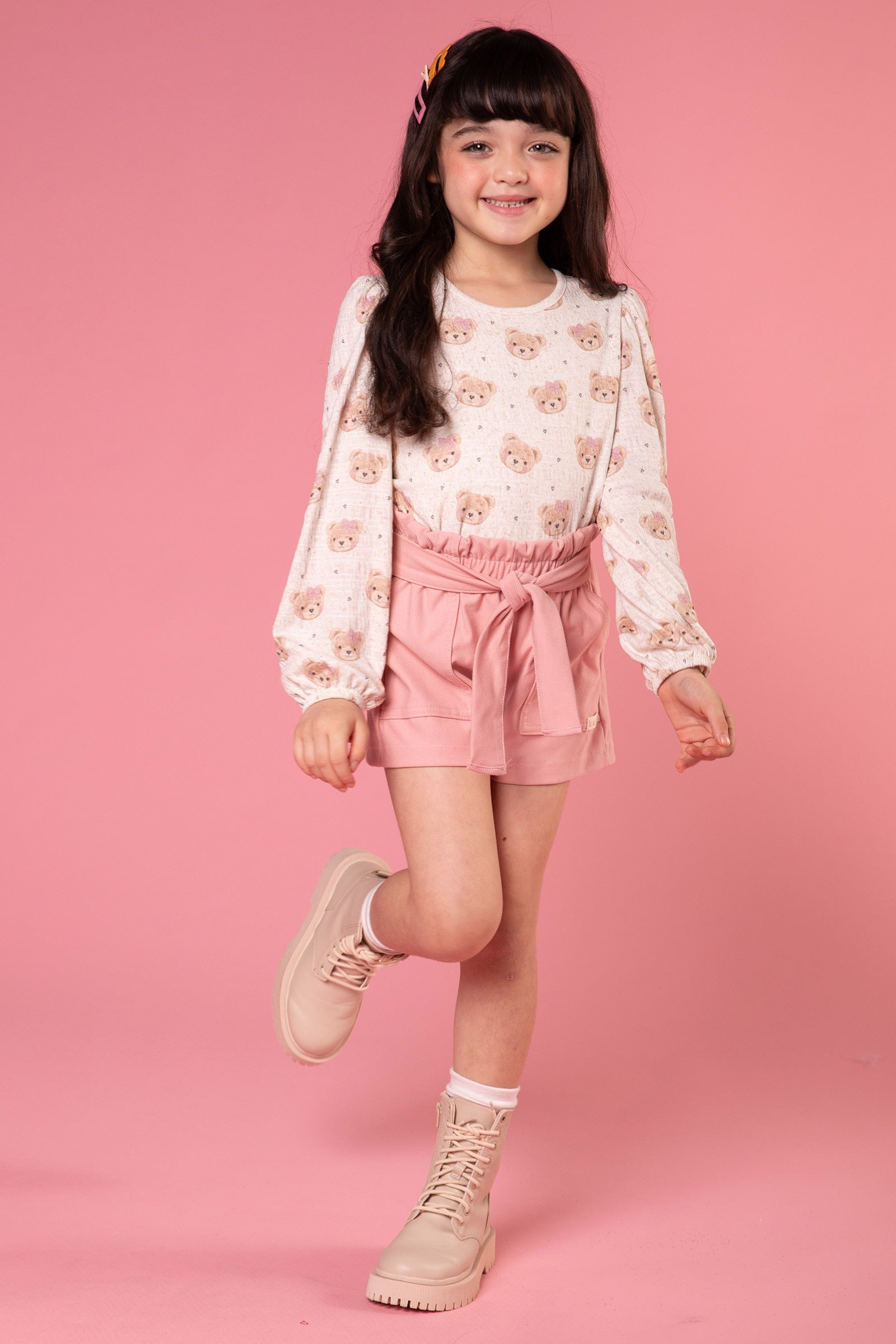 Conjunto Infantil Kukie Inverno Shorts Rosa e Blusa Ursinha