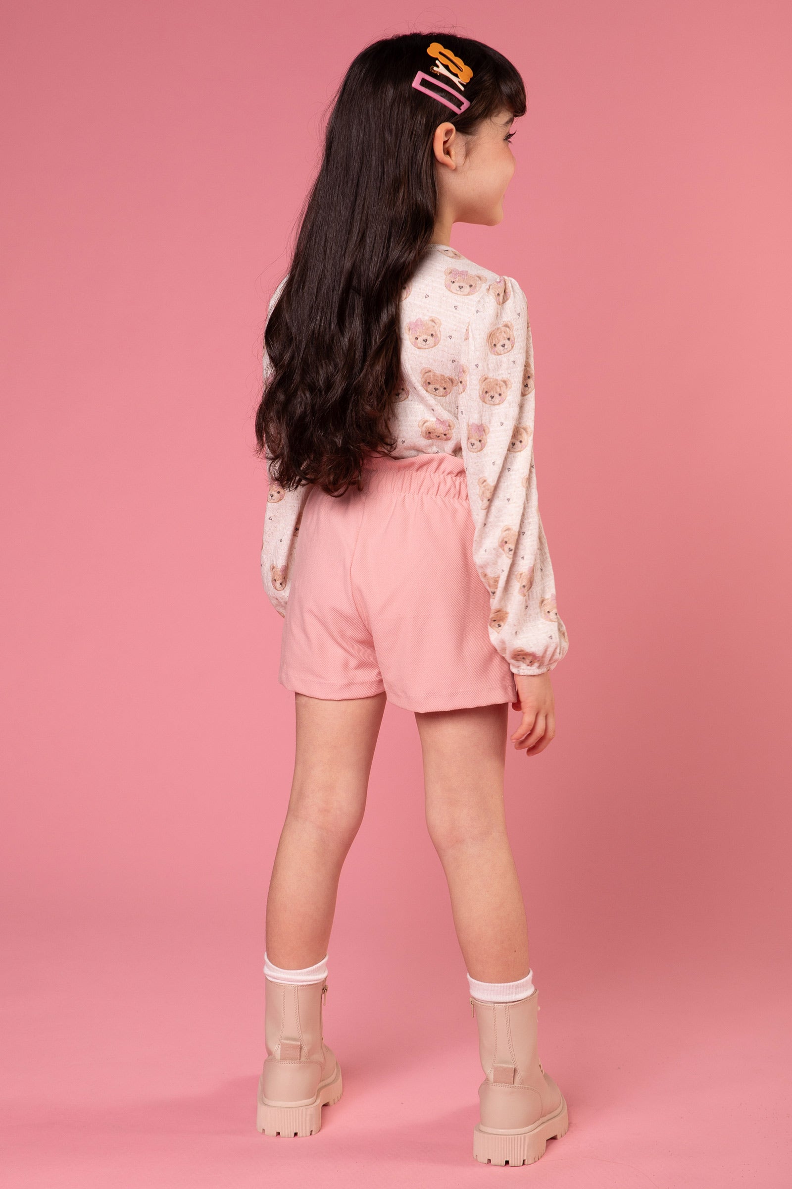 Conjunto Infantil Kukie Inverno Shorts Rosa e Blusa Ursinha