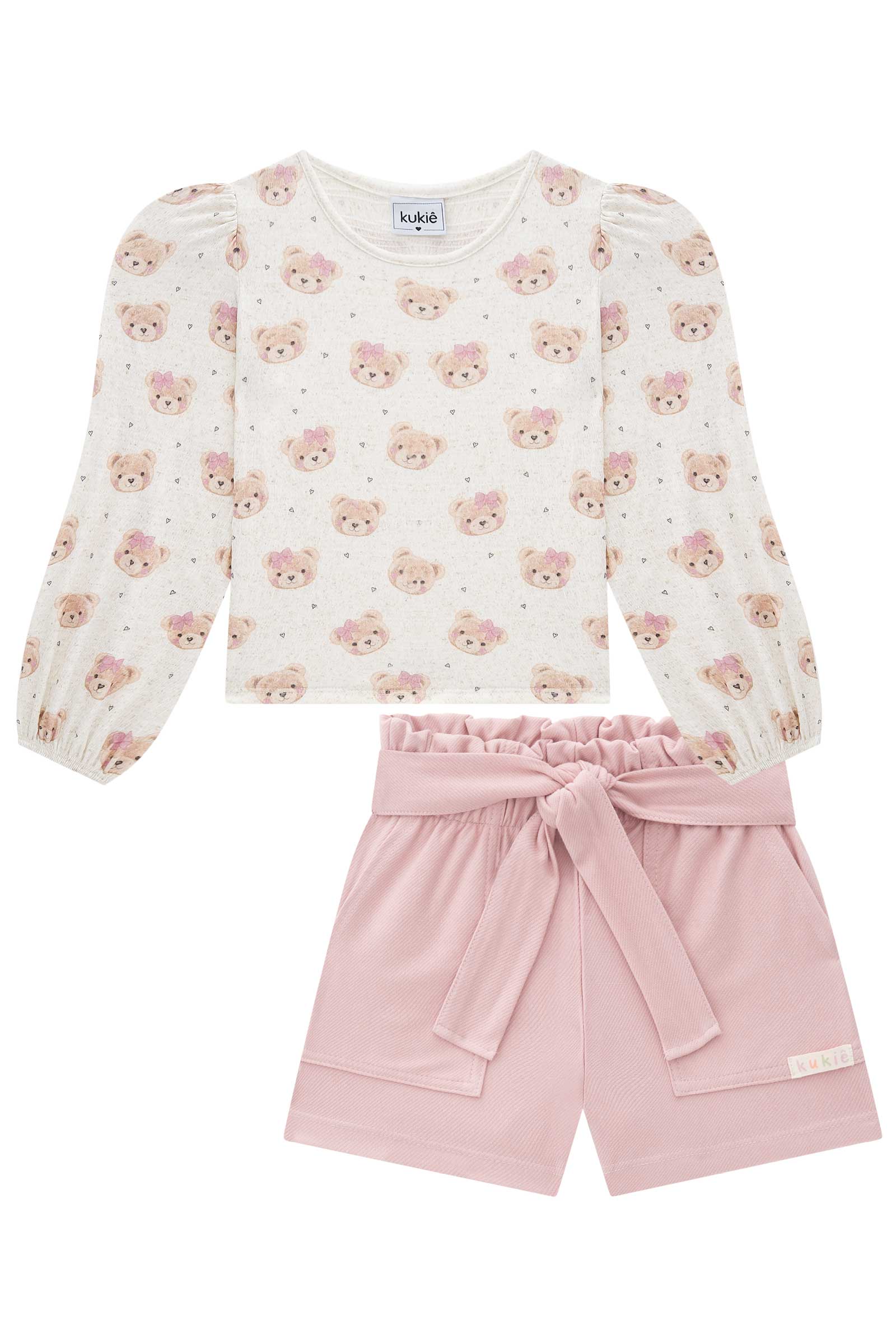 Conjunto Infantil Kukie Inverno Shorts Rosa e Blusa Ursinha
