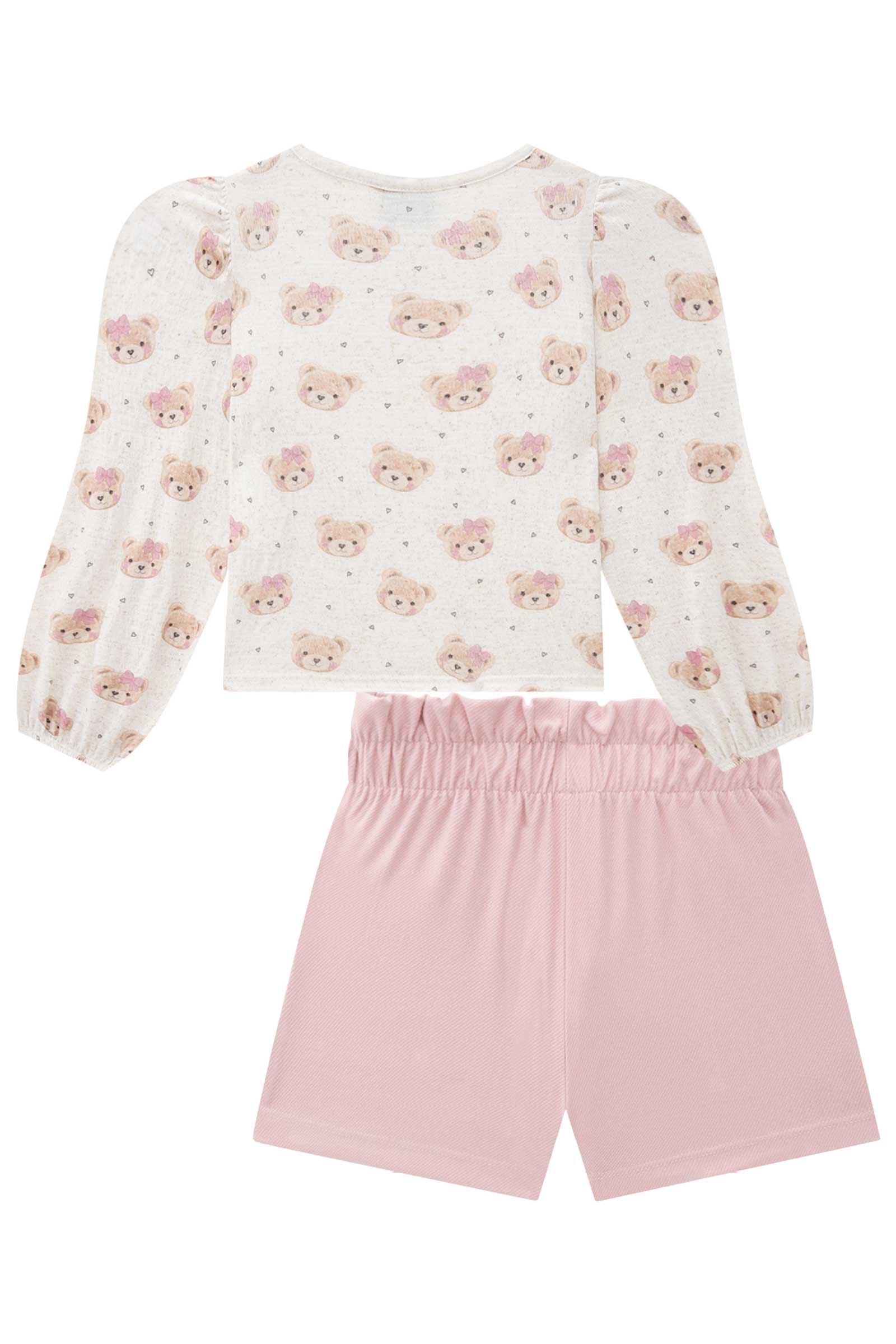 Conjunto Infantil Kukie Inverno Shorts Rosa e Blusa Ursinha