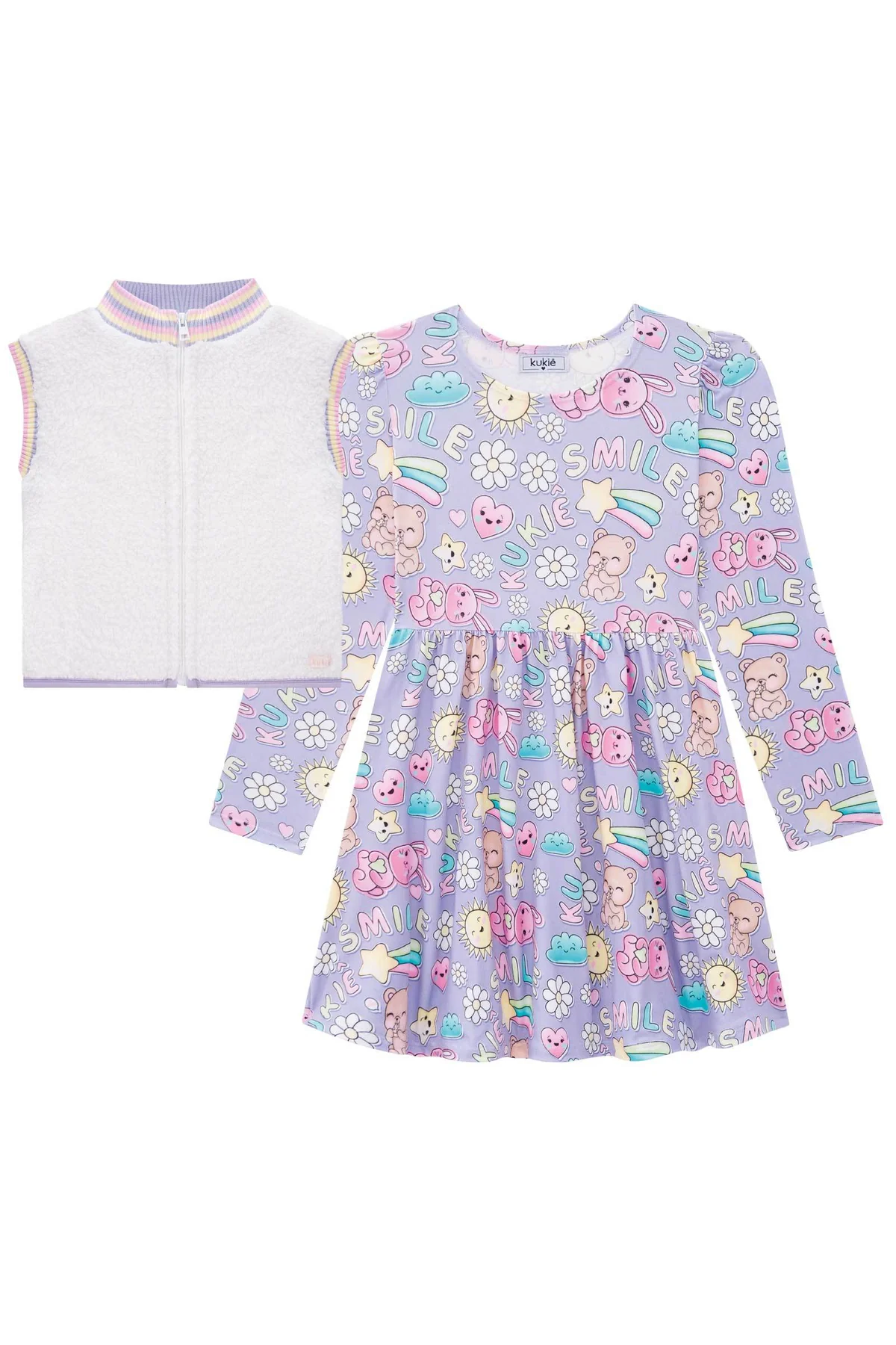 Vestido Infantil Kukie Inverno Smile com Colete Pelinhos