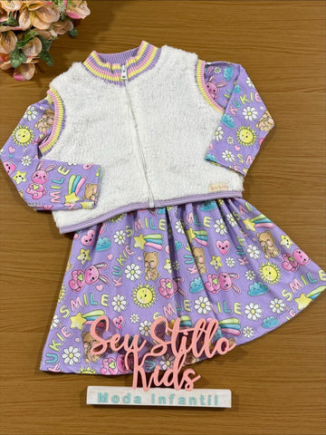 Vestido Infantil Kukie Inverno Smile com Colete Pelinhos