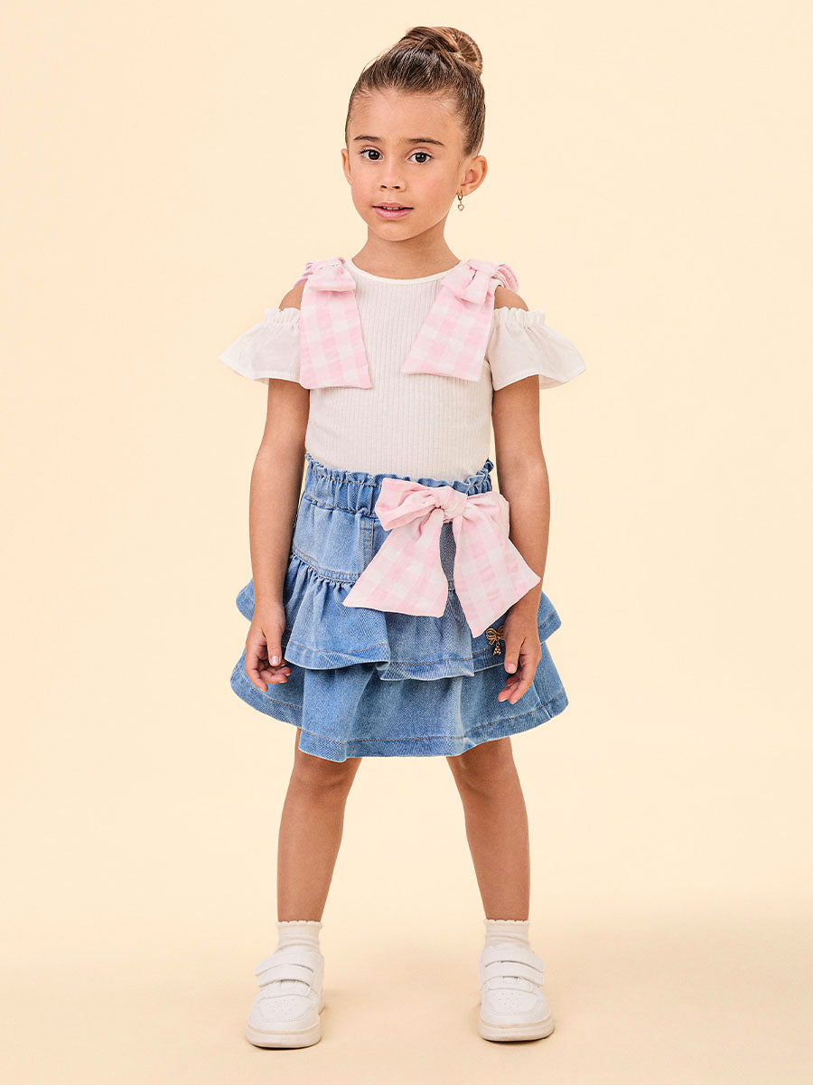 Conjunto Infantil Animê Verão Saia Jeans e Blusa Laços Rosas