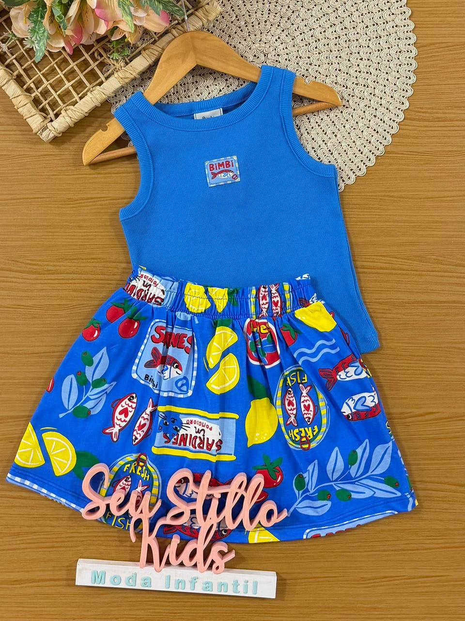 Conjunto Infantil Menina Bimbi com Saia e Blusa Azul Sardinha