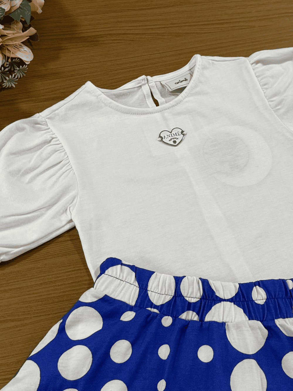 Conjunto Infantil Animê Verão Saia Azul Poá e Blusa