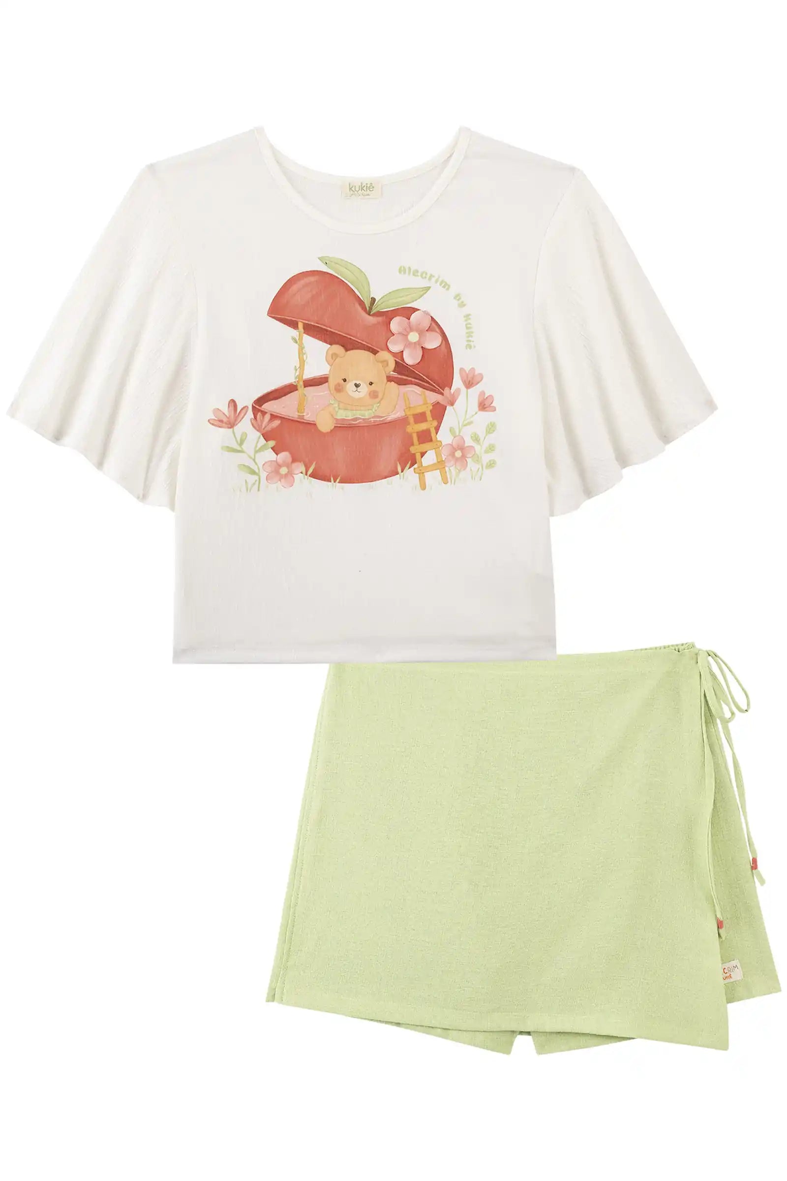Conjunto Infantil Kukiê Inverno com Shorts Saia Verde e Blusa Maçãzinha