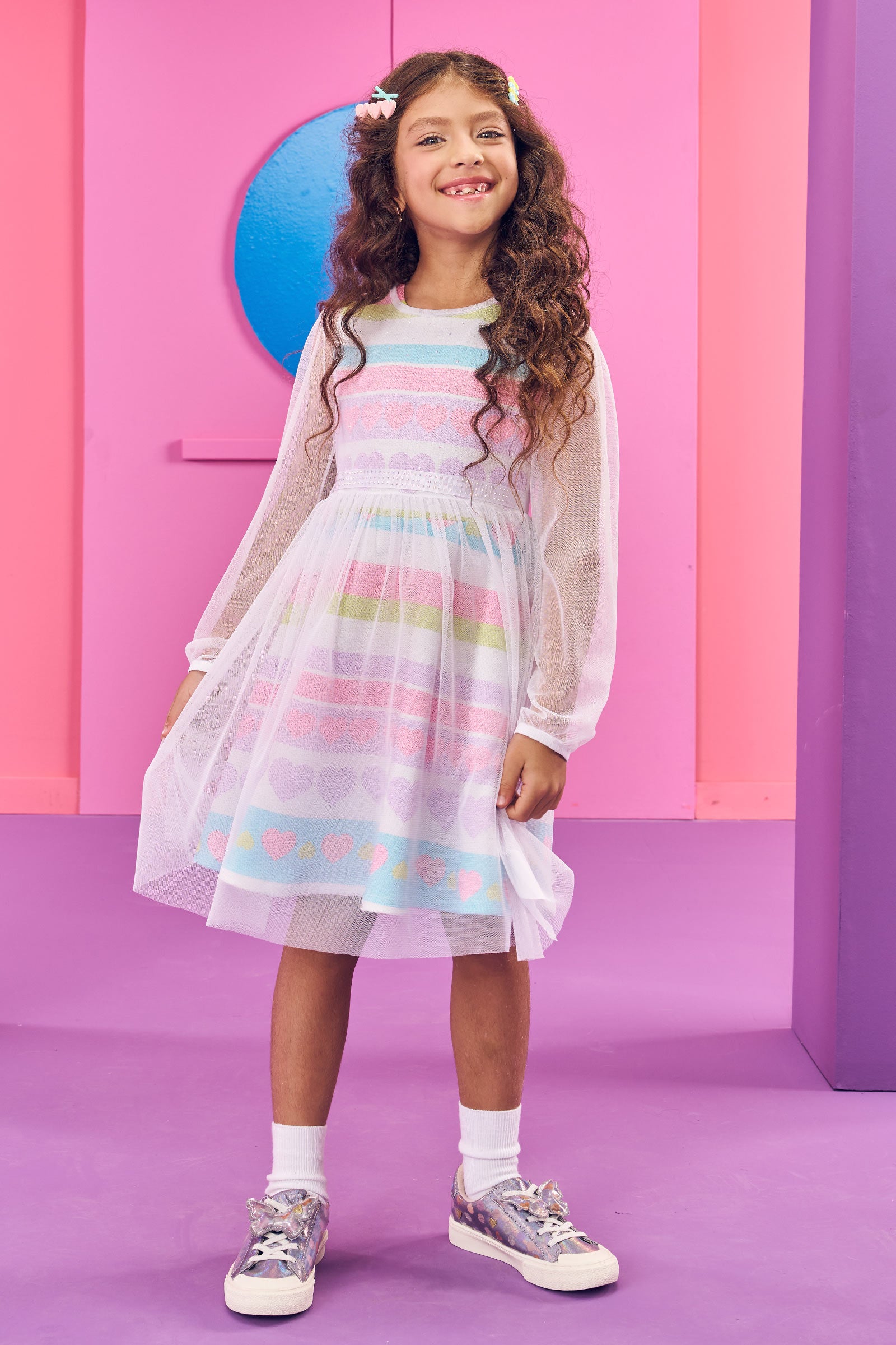 Vestido Infantil Kukie Inverno Coração com Sobreposição em Tule