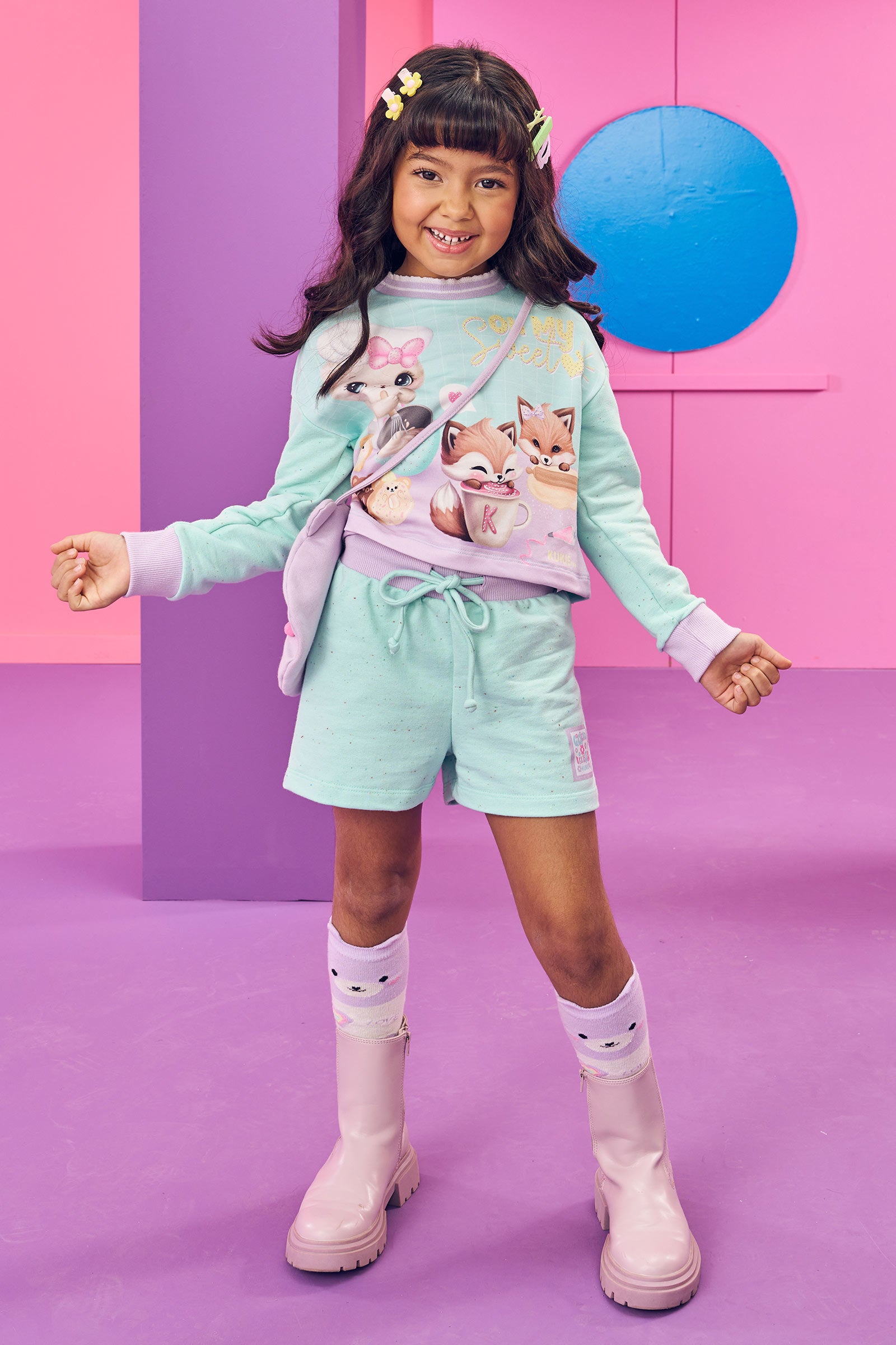 Conjunto Infantil Kukie Inverno Shorts e Moletom Sem Pelúcia Azul Bichinhos Cozinheiros