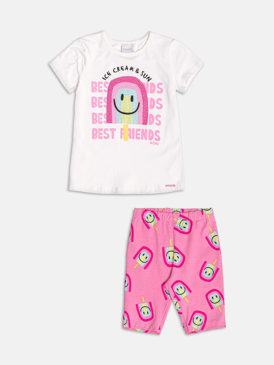 Conjunto Infantil Momi Verão com Shorts Ciclista Rosa e Blusa Branca Sorvetinho