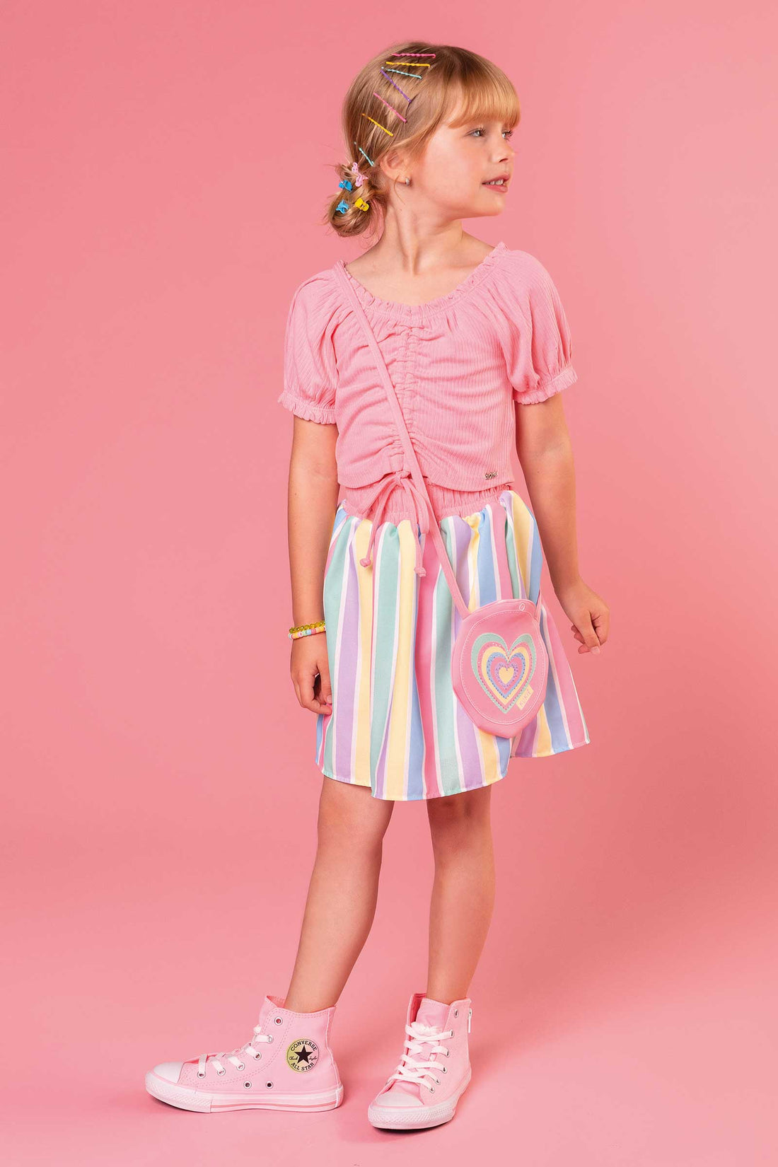 Conjunto Infantil Kukie Tropical Saia Arco Iris e Blusa com Bolsinha
