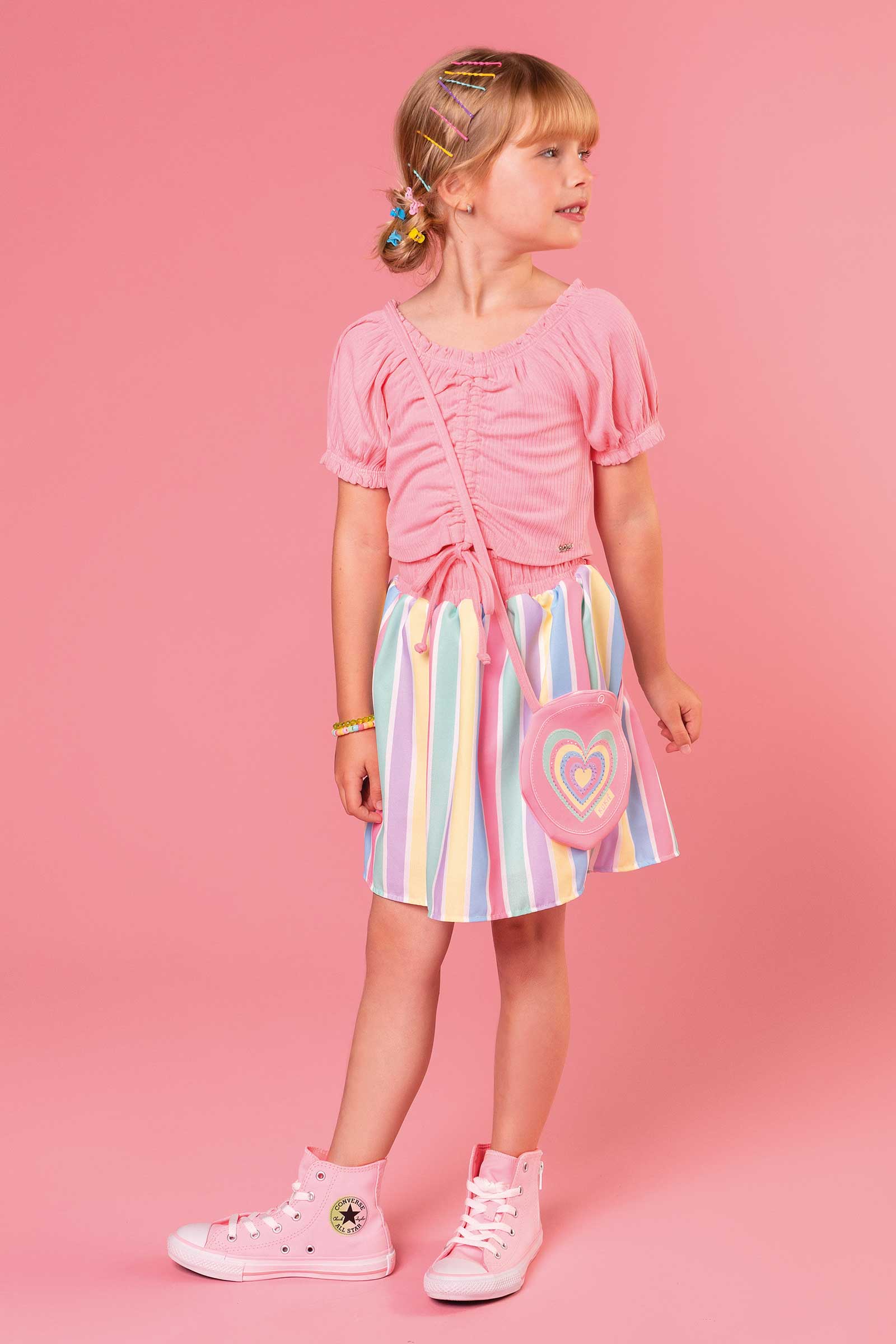 Conjunto Infantil Kukie Tropical Saia Arco Iris e Blusa com Bolsinha