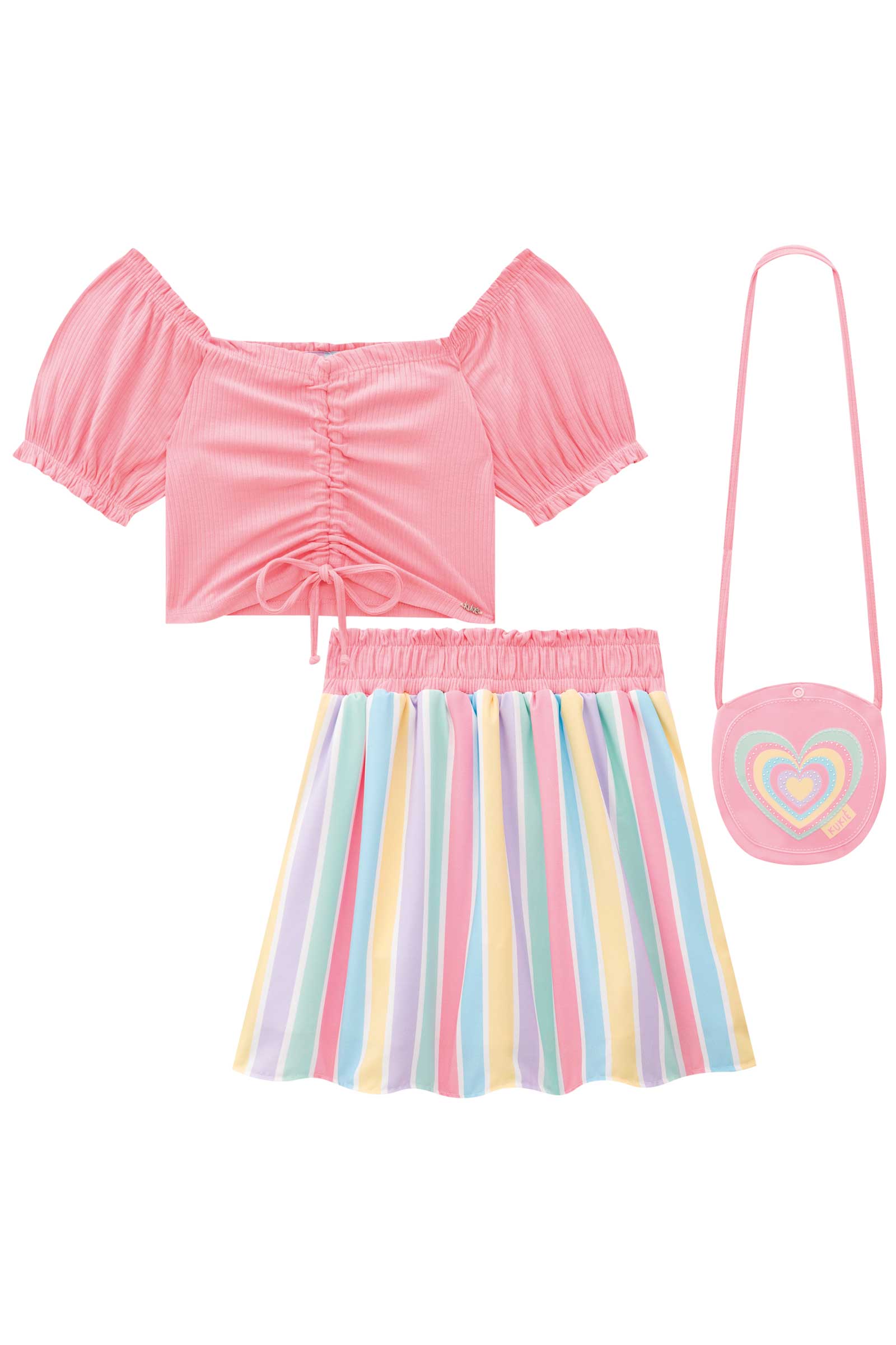 Conjunto Infantil Kukie Tropical Saia Arco Iris e Blusa com Bolsinha