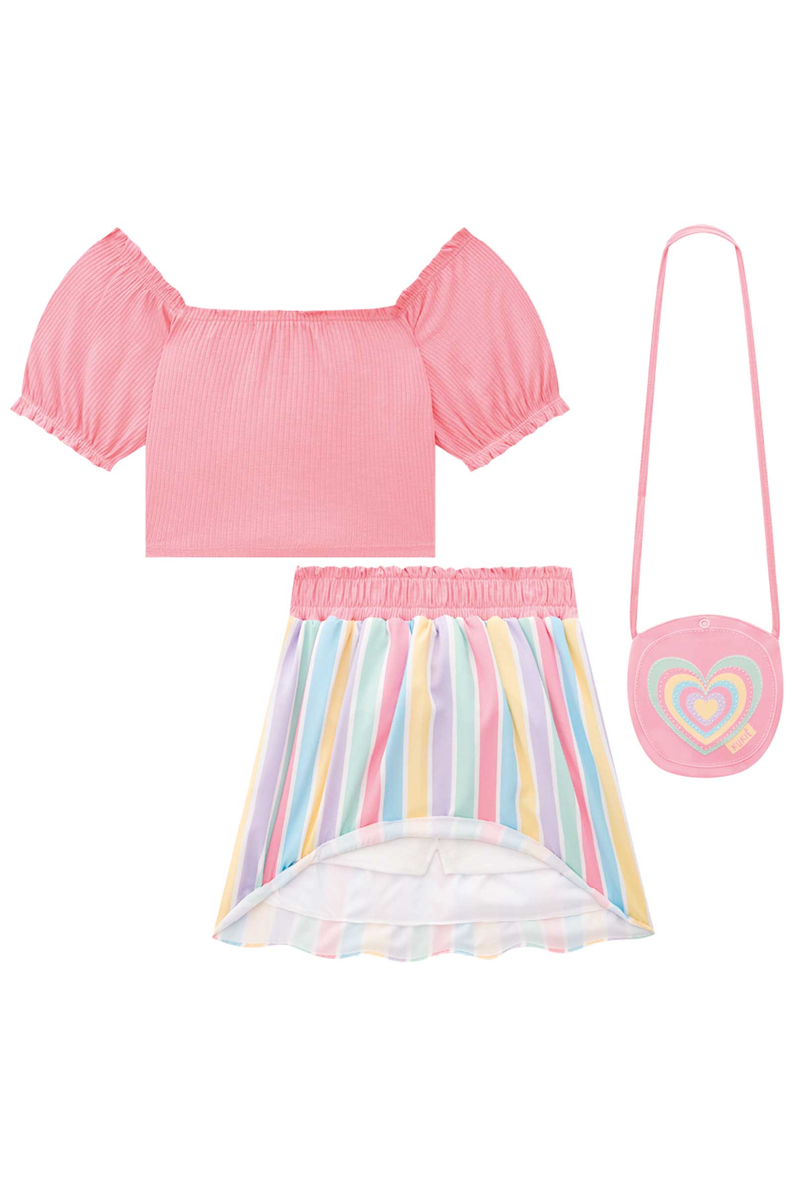 Conjunto Infantil Kukie Tropical Saia Arco Iris e Blusa com Bolsinha