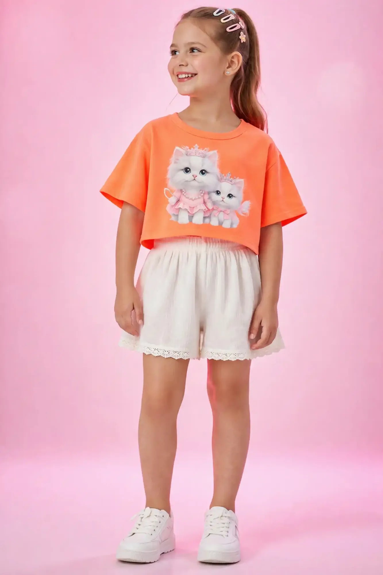 Conjunto Infantil Kukiê com Shorts Branco e Blusa Laranja Gatinha Princesa