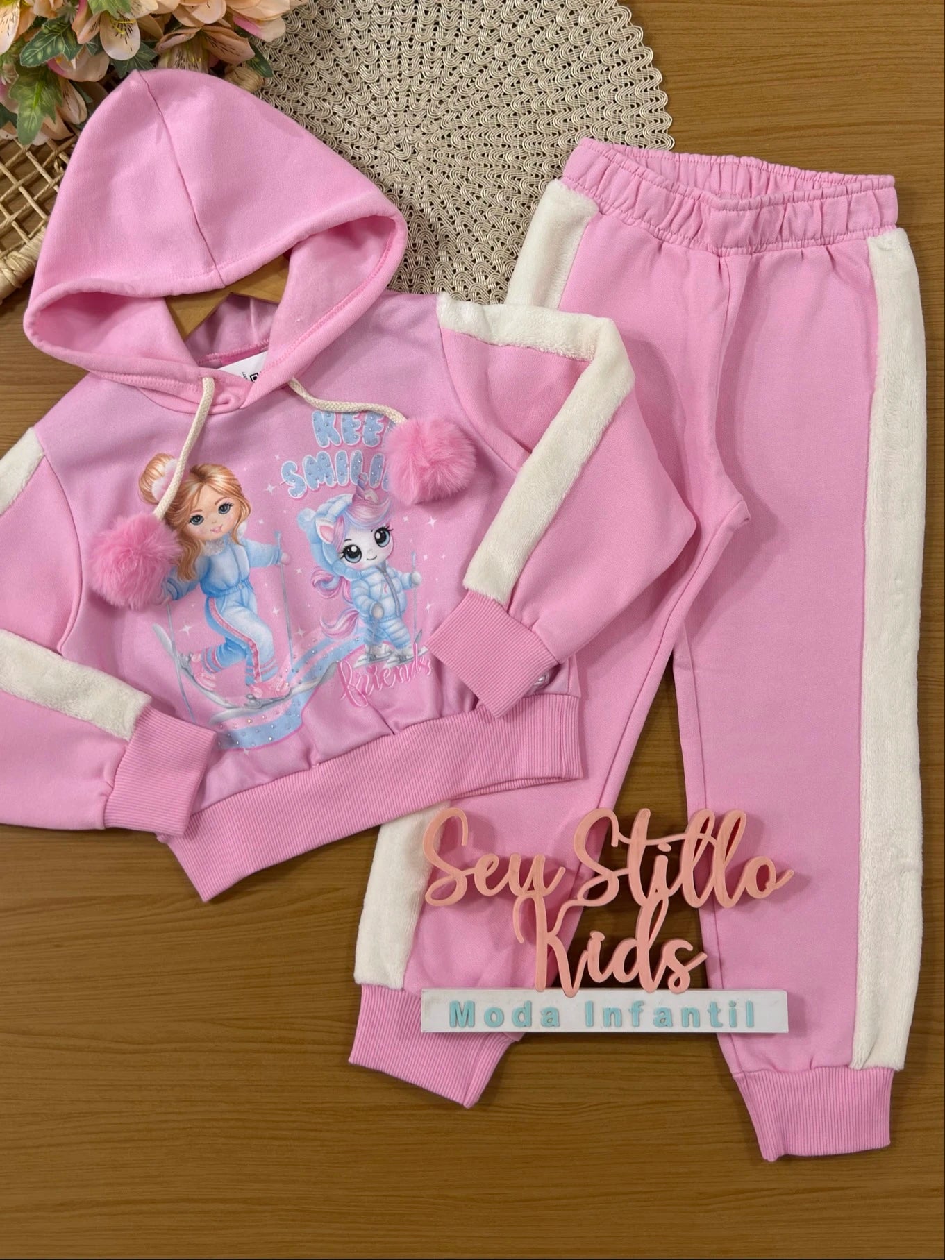 Conjunto Infantil Cinti Inverno com Calça e Moletom Flanelado Rosa Menininha e Unicórnio