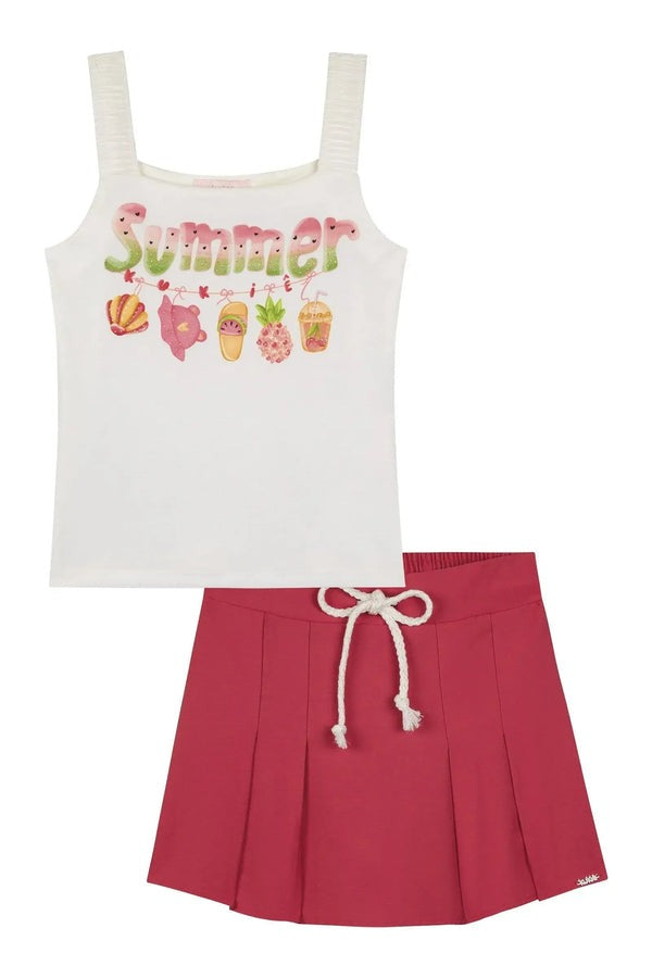 Conjunto Infantil Kukiê Verão com Shorts Saia Vermelha e Blusa Branca Summer