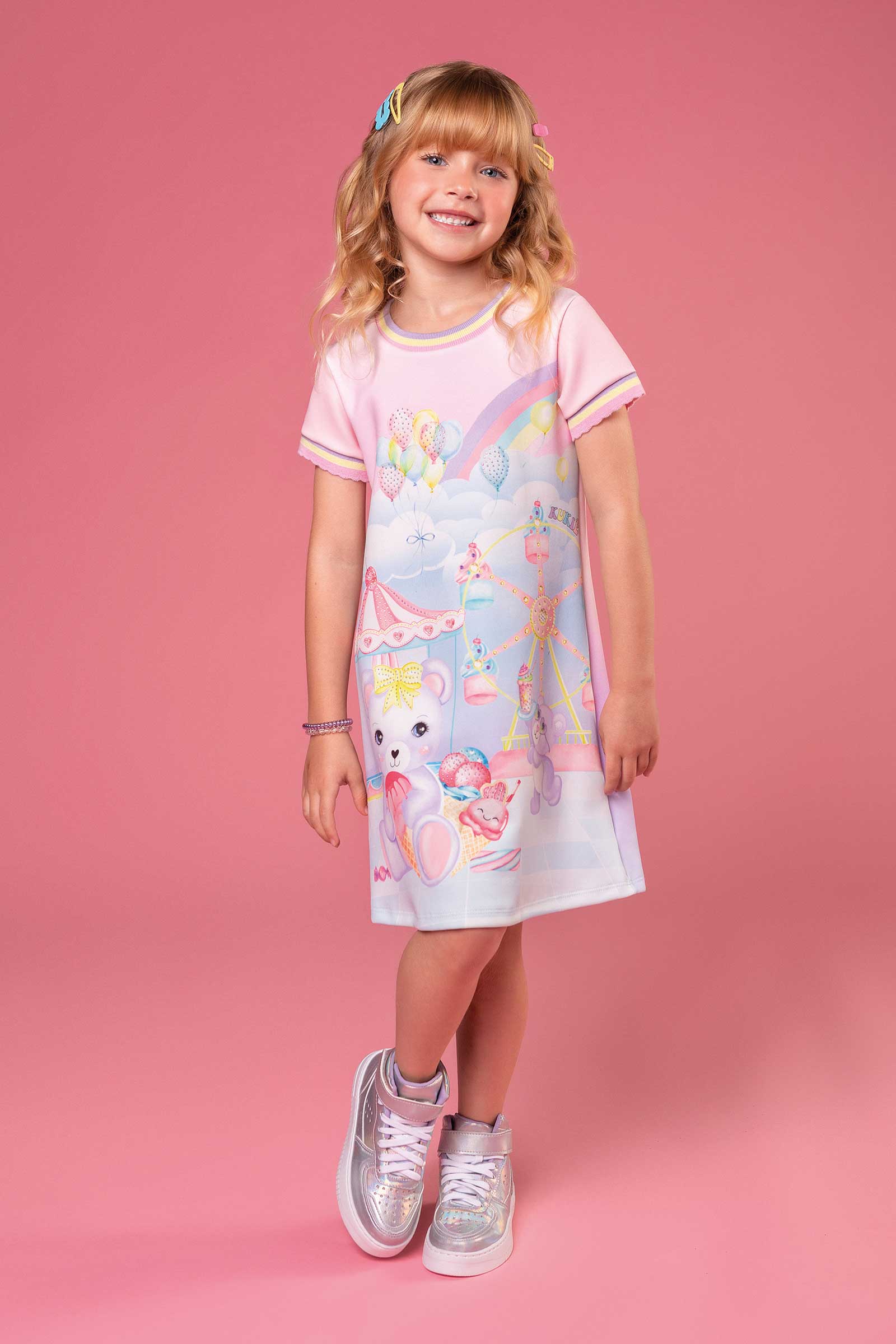 Vestido Infantil Kukie Inverno Manga Curta Ursinho Circo