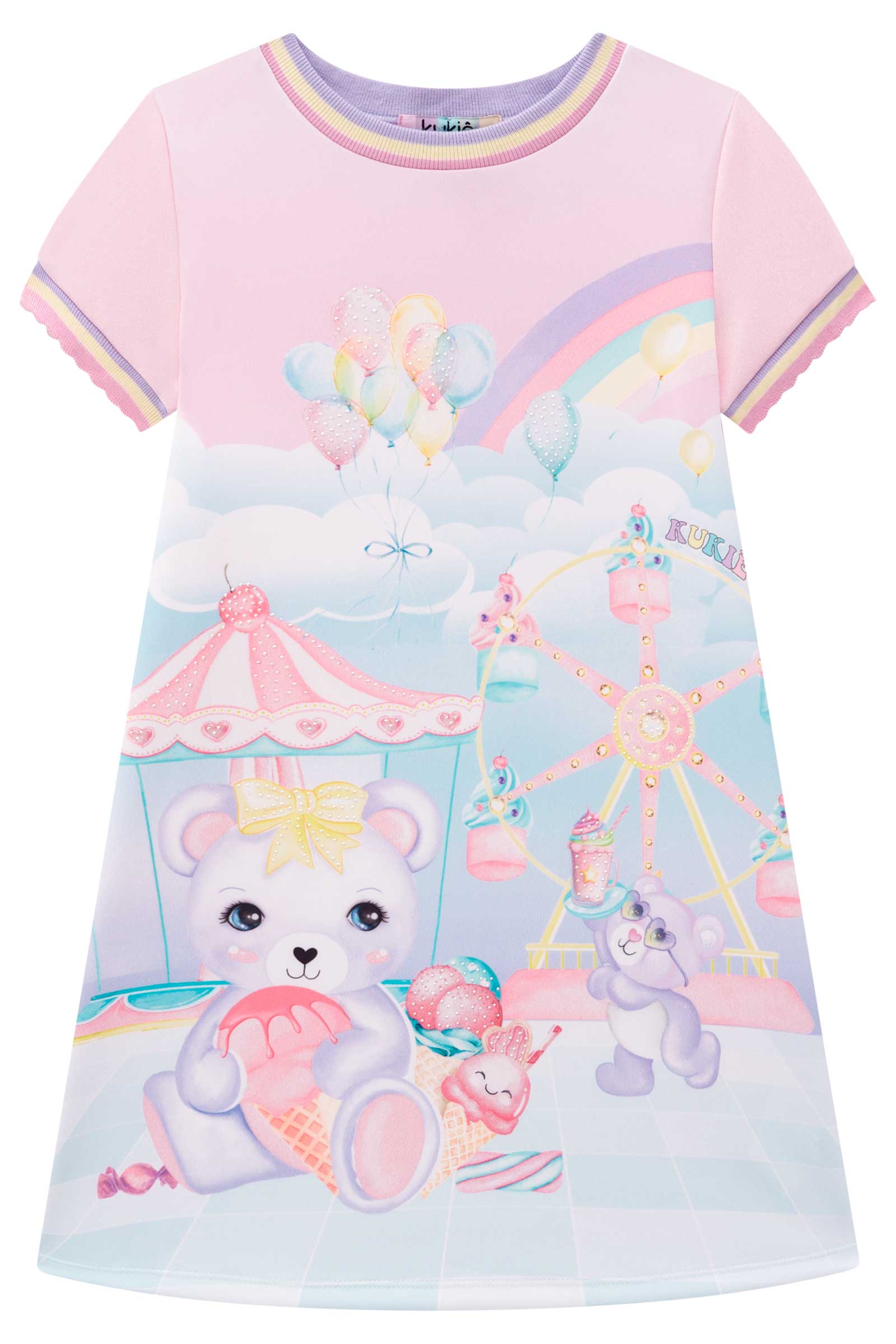 Vestido Infantil Kukie Inverno Manga Curta Ursinho Circo
