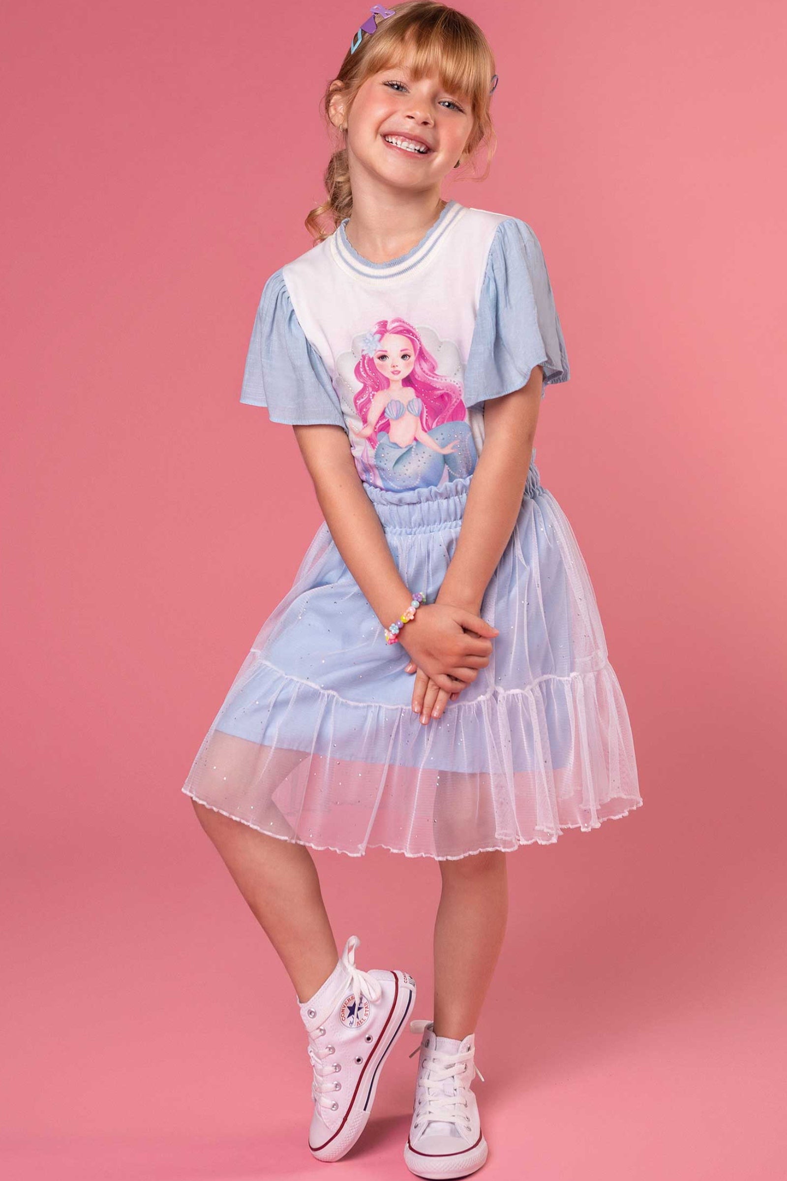Conjunto Infantil Kukie Inverno Tropical Saia Tule e Blusa Curta Sereia Azul