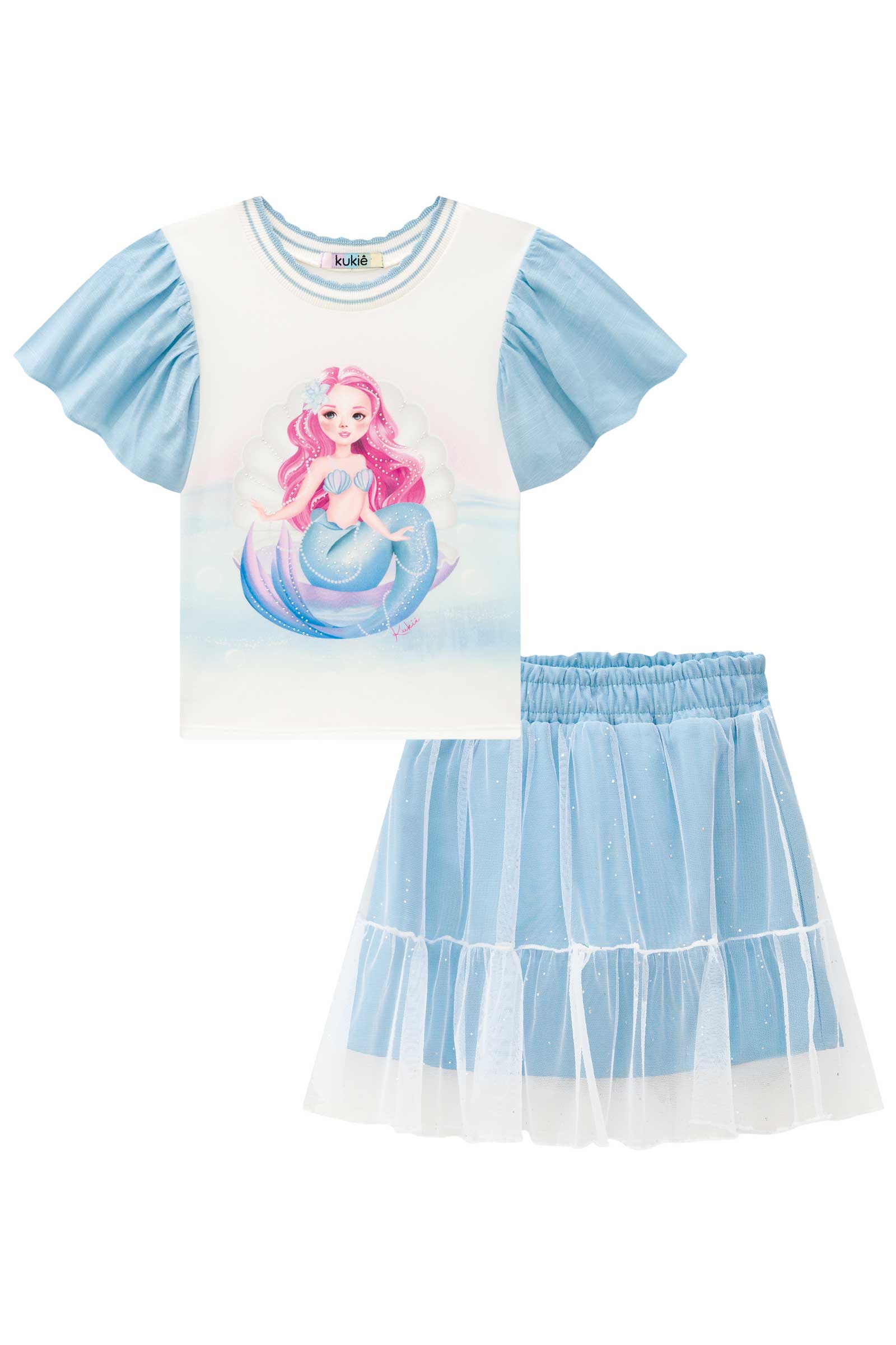Conjunto Infantil Kukie Inverno Tropical Saia Tule e Blusa Curta Sereia Azul