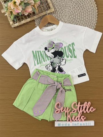 Conjunto Infantil Animê Verão, Shorts Saia Verde e Blusa Branca com Laço Minnie Disney