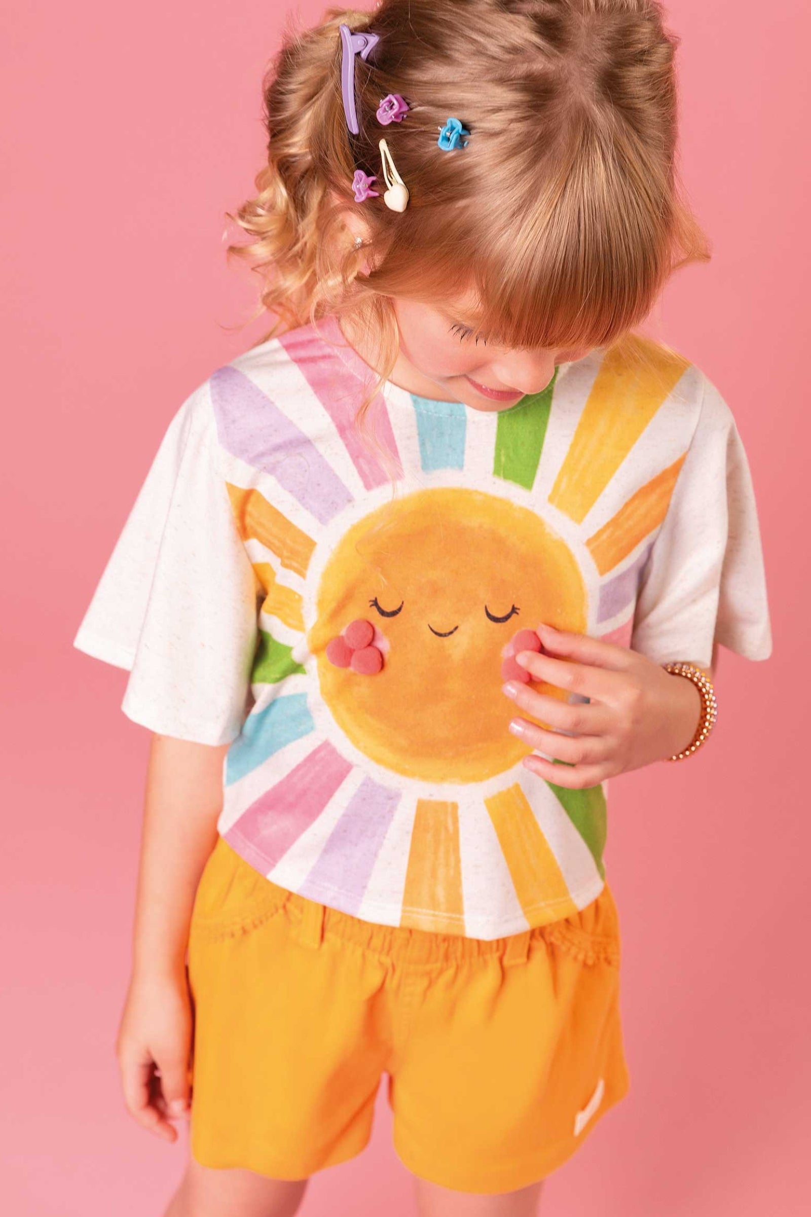 Conjunto Infantil Kukie Inverno Shorts Laranja e Blusa Solzinho
