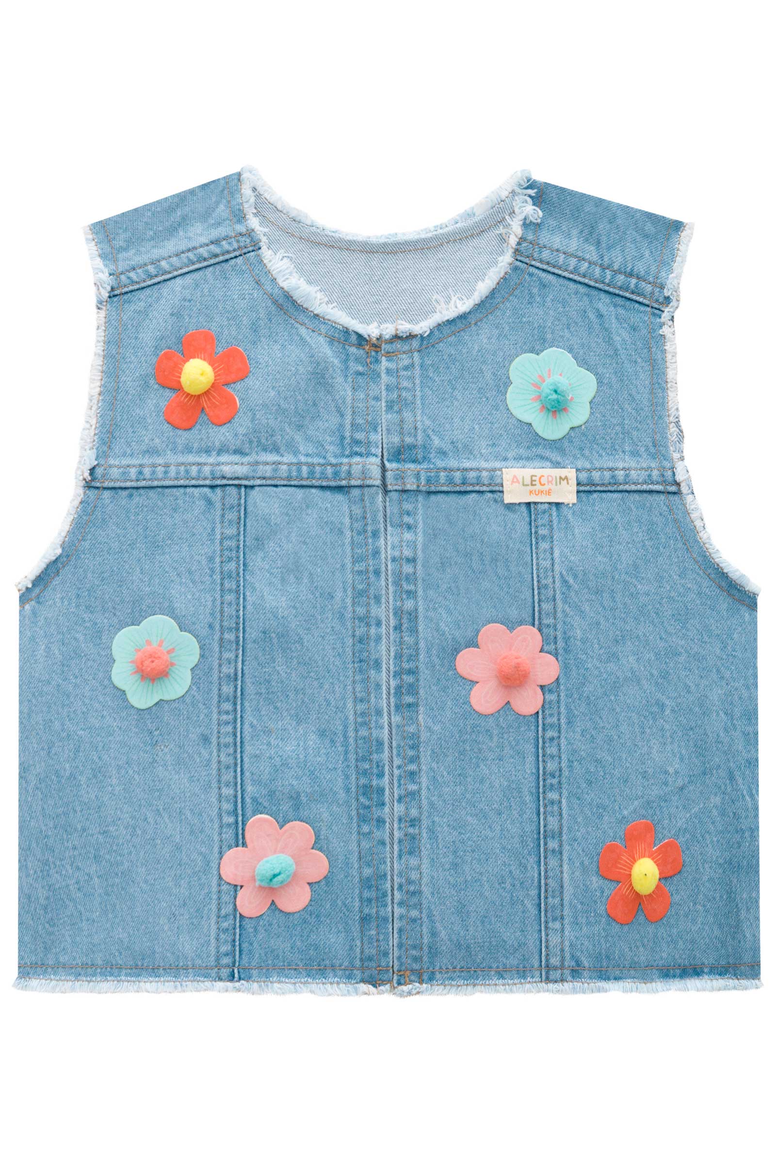 Vestido Infantil Kukie Tropical Vermelho com Colete Jeans Flor