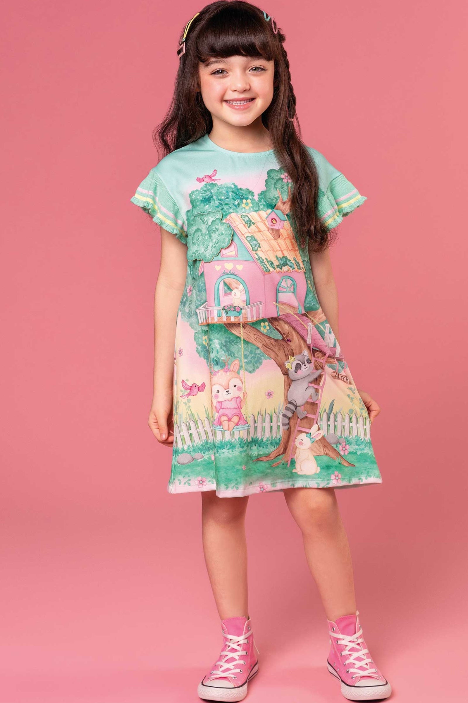 Vestido Infantil Kukie Inverno Manga Curta Casa na Árvore