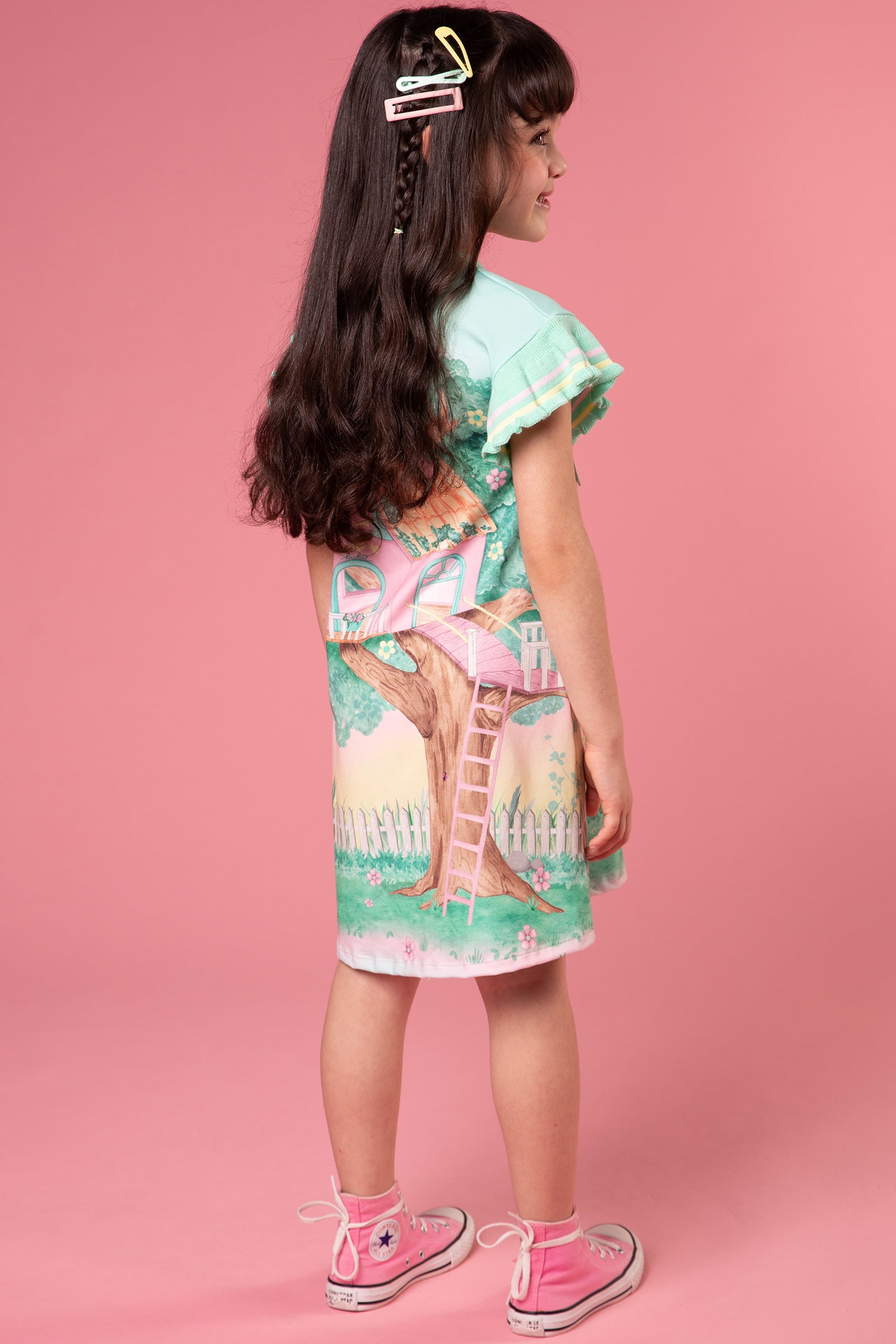 Vestido Infantil Kukie Inverno Manga Curta Casa na Árvore