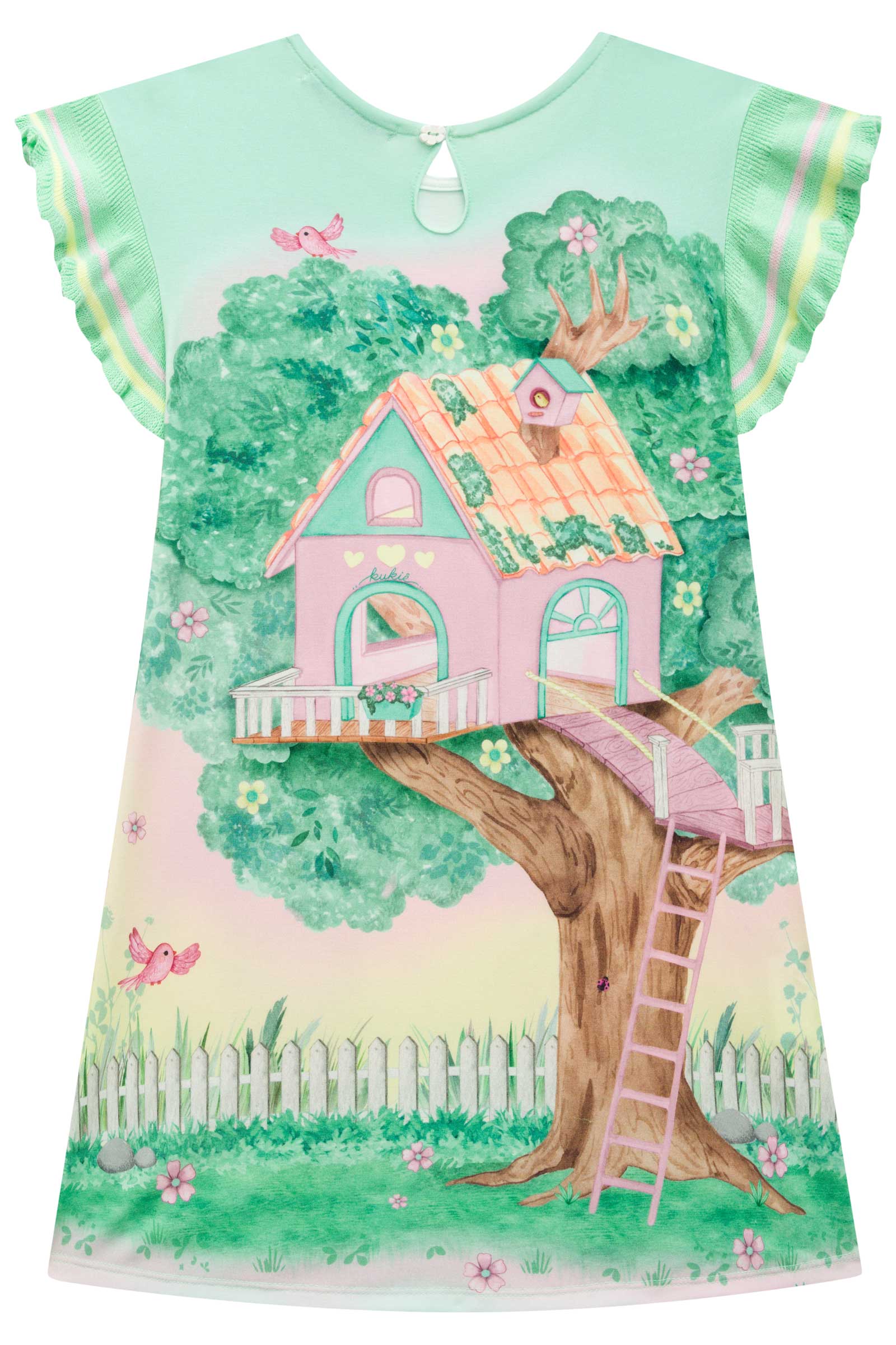 Vestido Infantil Kukie Inverno Manga Curta Casa na Árvore