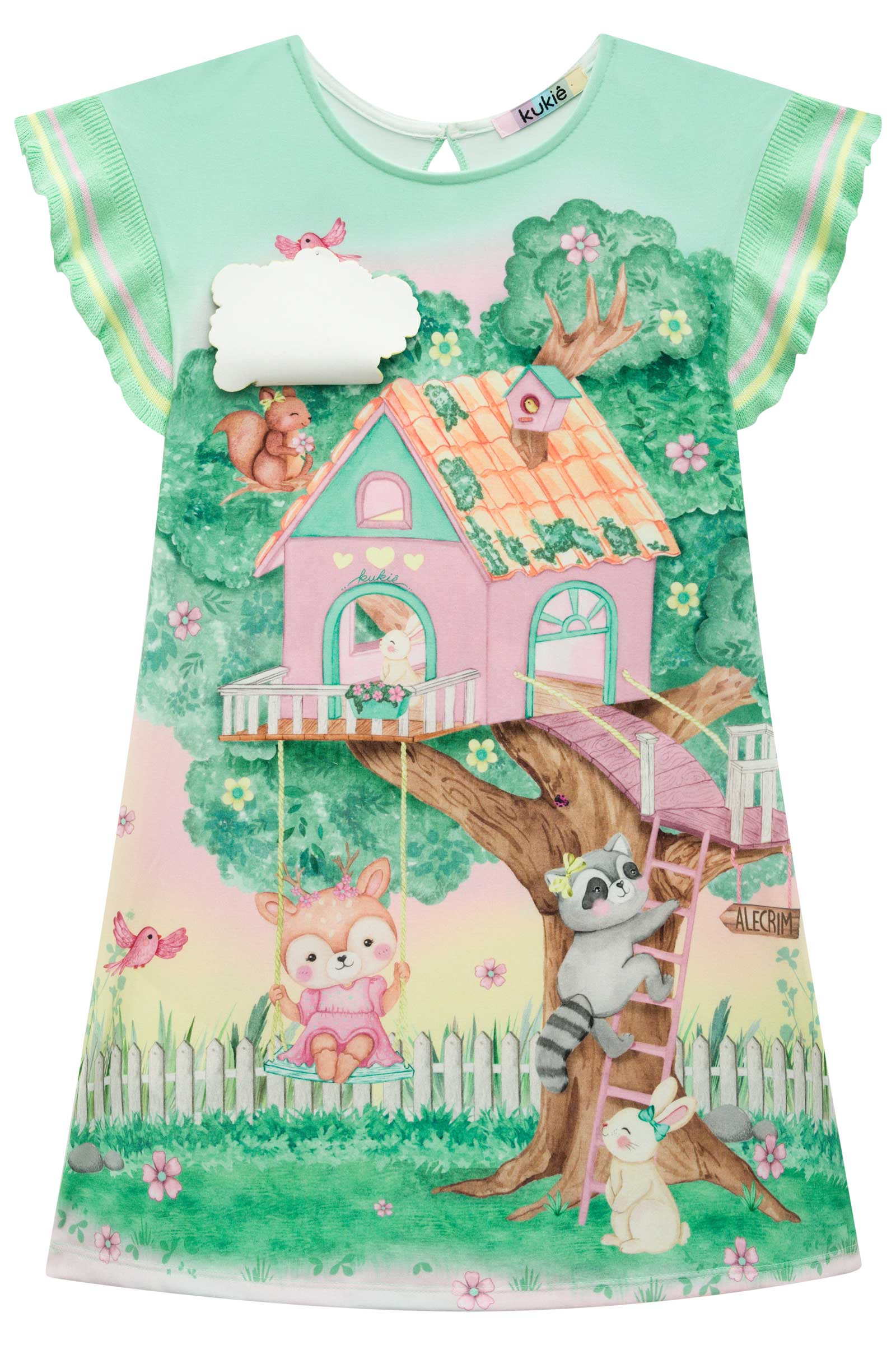 Vestido Infantil Kukie Inverno Manga Curta Casa na Árvore