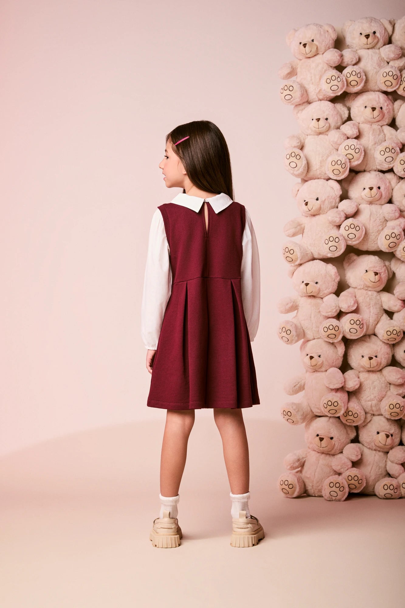 Vestido Infantil Momi Inverno Vinho com Gola e Lacinho