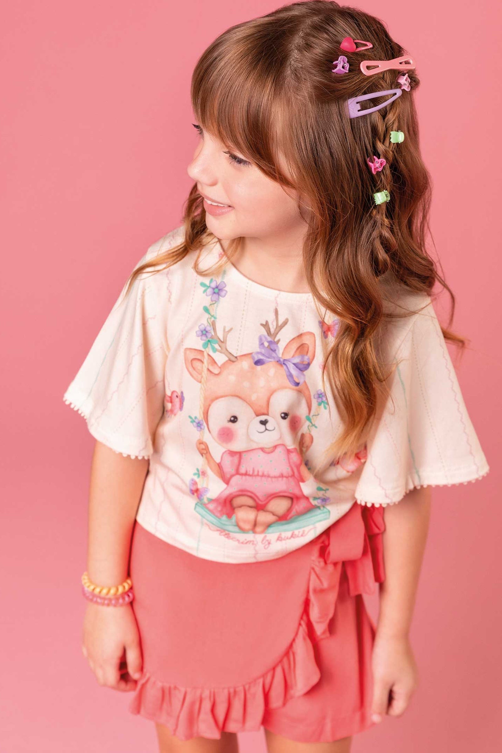Conjunto Infantil Kukie Tropical Shorts Saia e Blusa Cervo Fofa