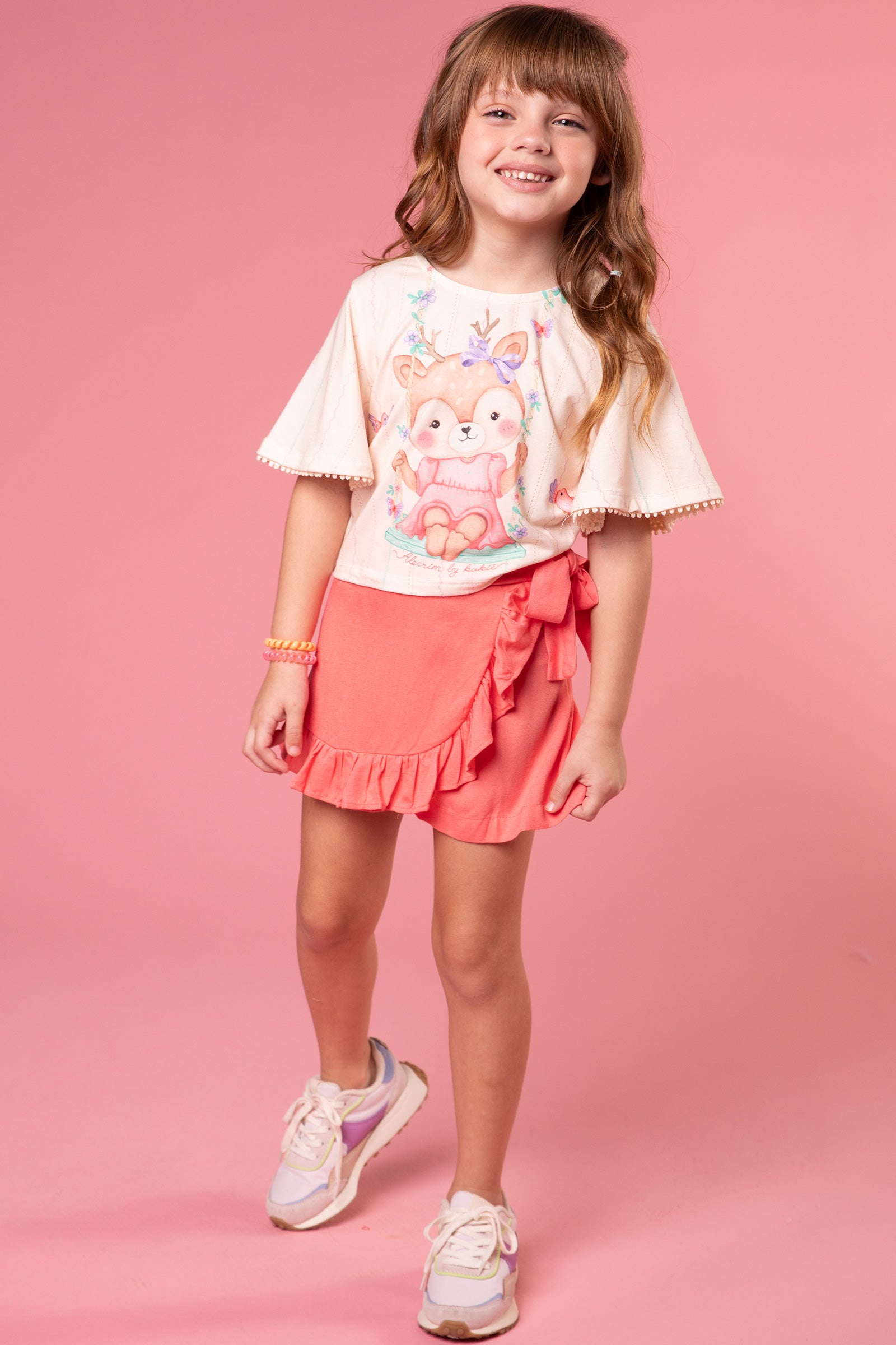 Conjunto Infantil Kukie Tropical Shorts Saia e Blusa Cervo Fofa