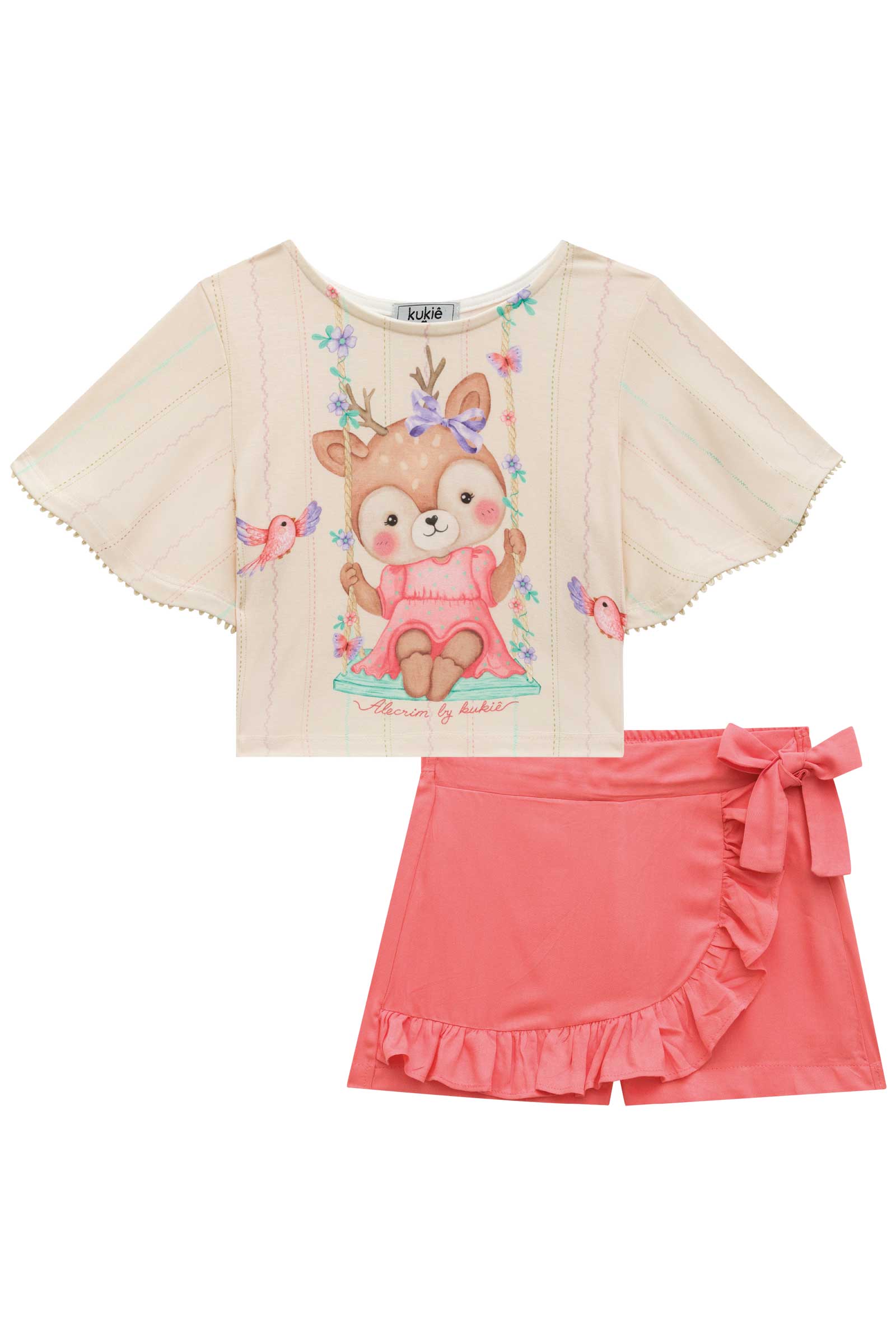 Conjunto Infantil Kukie Tropical Shorts Saia e Blusa Cervo Fofa