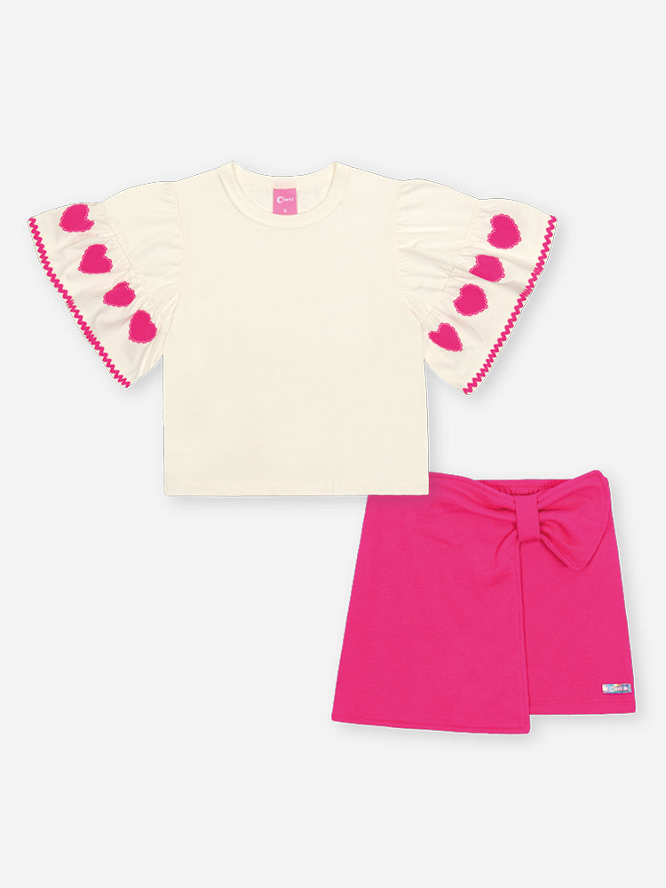 Conjunto Infantil Cinti Verão com Shorts Saia Rosa e Blusa Branca Corações