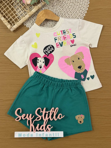 Conjunto Infantil Bimbi Inverno com Shorts Verde e Blusa Manga Curta Bege Dog Love