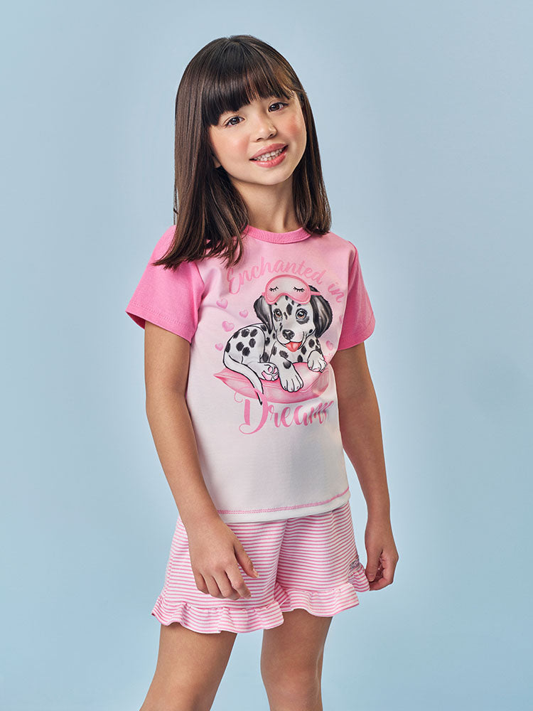 Pijama Infantil Cinti Verão com Shorts e Blusa Rosa Cachorinha Hora de Dormir