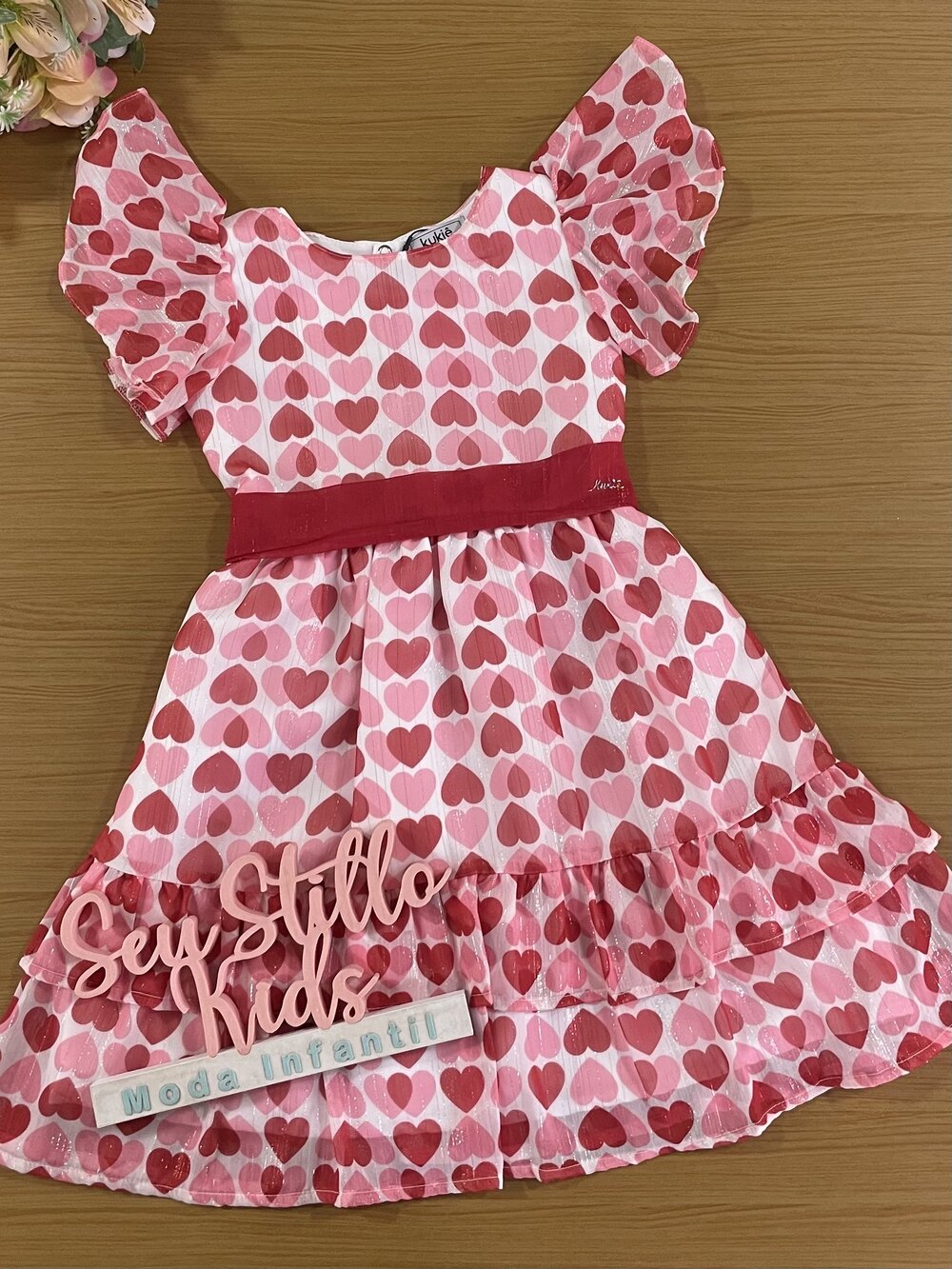 Vestido Infantil Kukie Verão Chiffon Vermelho Corações