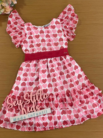 Vestido Infantil Kukie Verão Chiffon Vermelho Corações