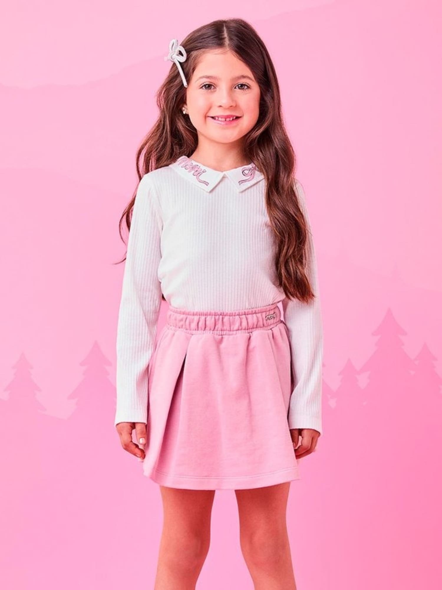 Conjunto Infantil Momi Inverno com Shorts Saia Rosa e Blusa Manga Longa Branca Lacinho