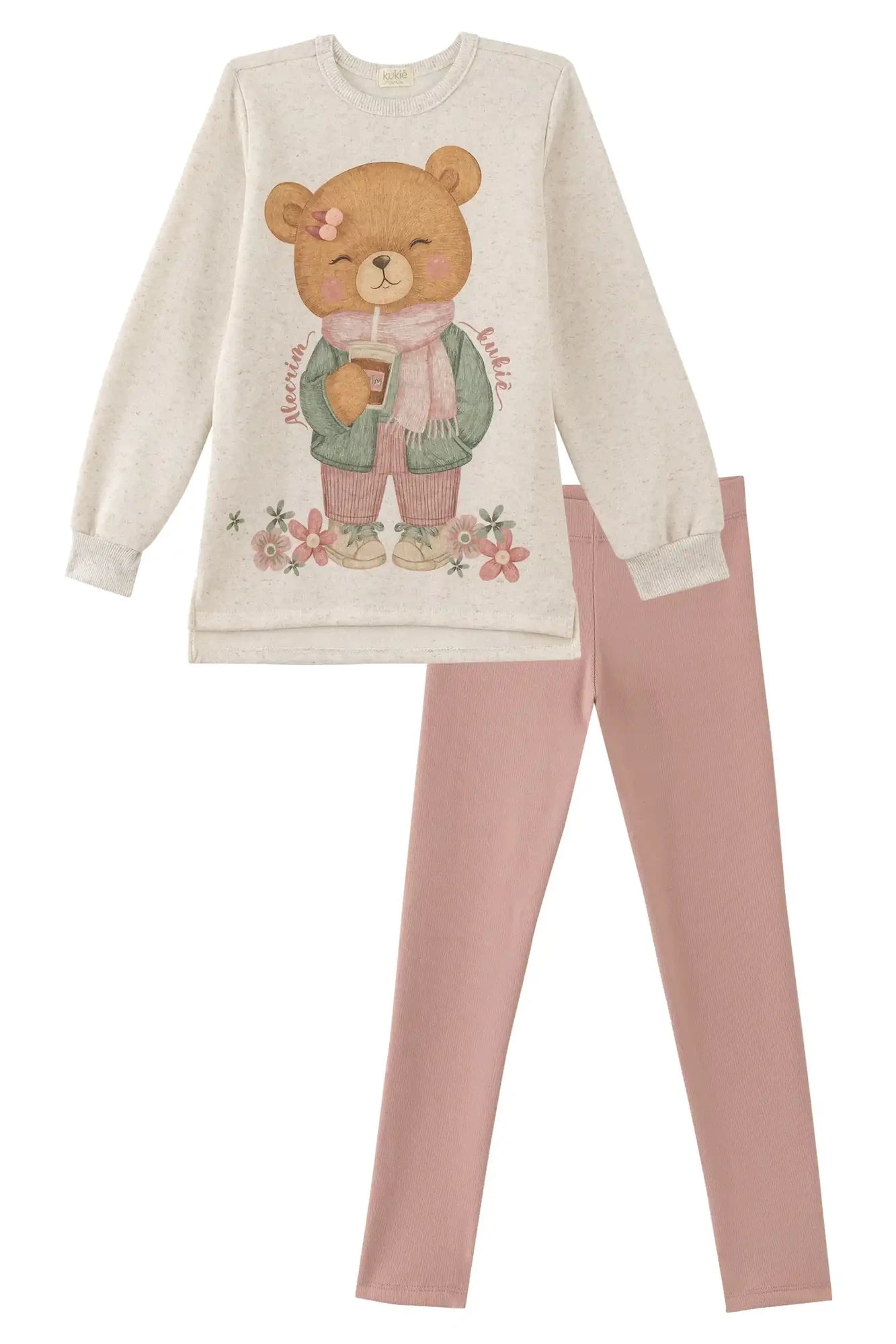 Conjunto Infantil Kukiê Inverno com Calça Legging Rosa e Moletom Flanelado Ursinha Flor