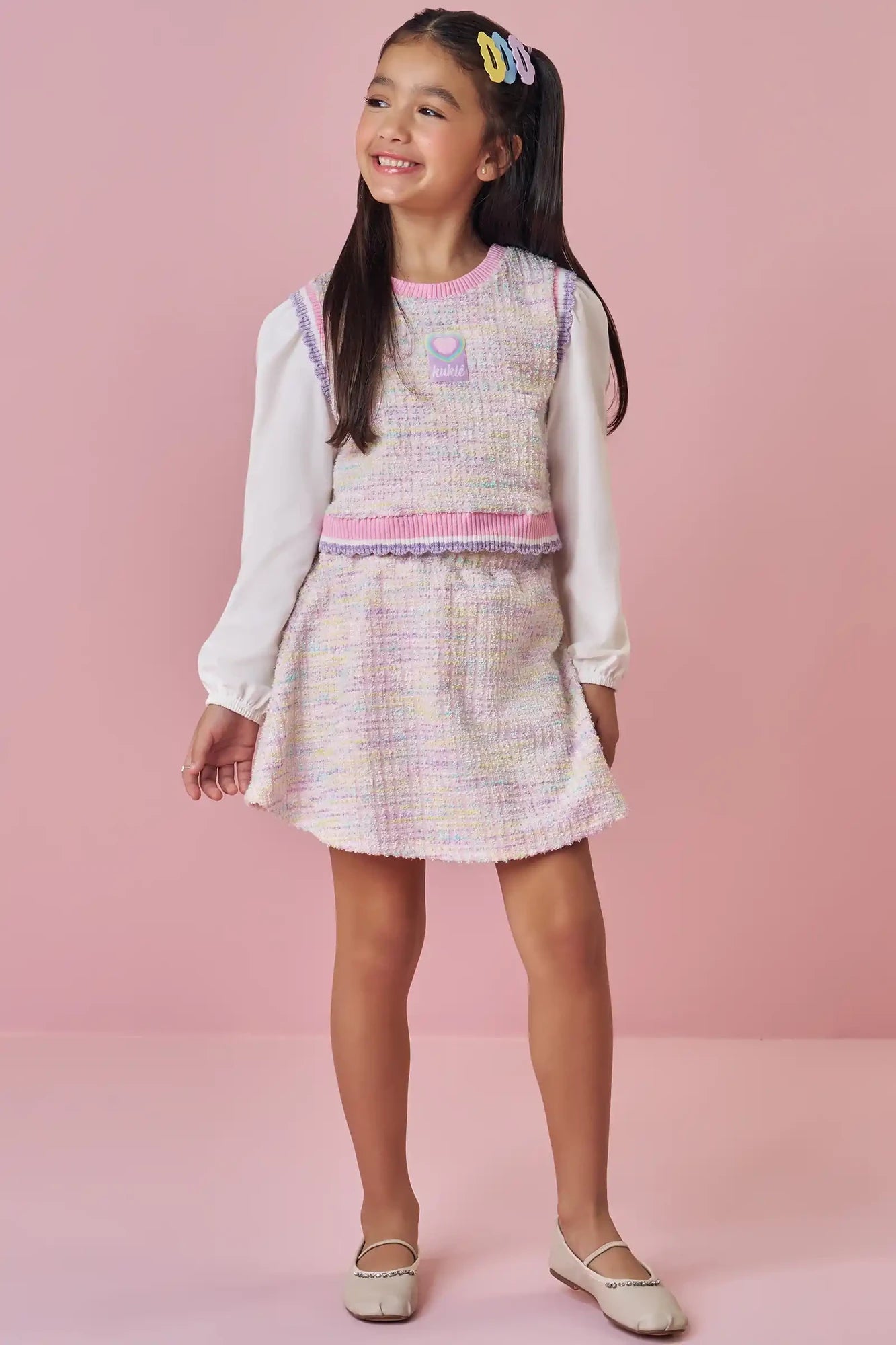Conjunto Infantil Kukiê Inverno com Saia, Colete Tweed colorido e Blusa Manga Longa