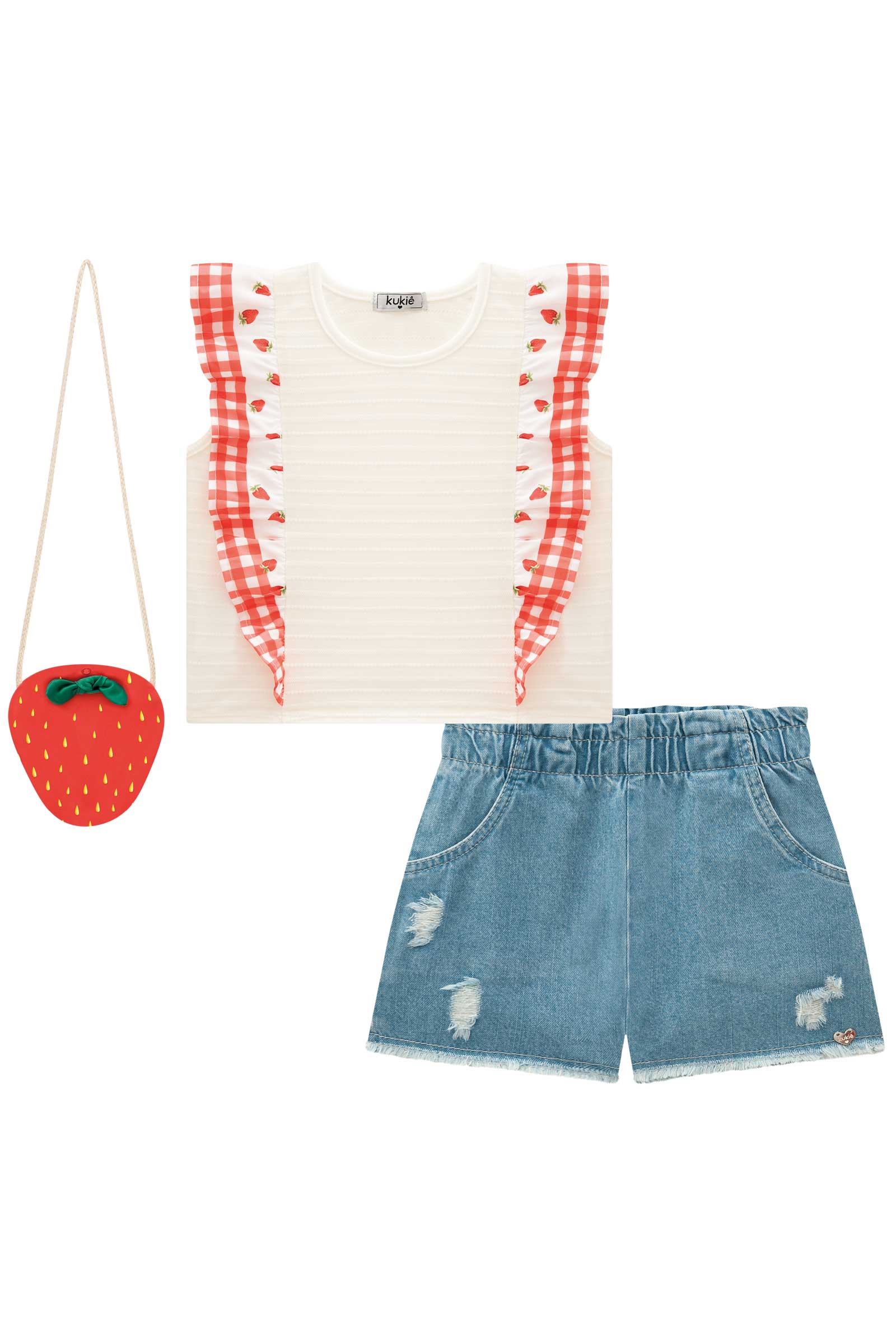 Conjunto Infantil Kukie Verão Shorts Jeans e Blusa Morango Com Bolsinha