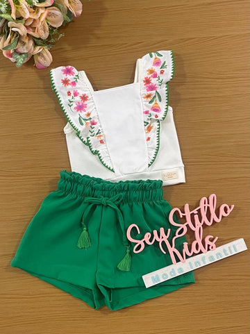 Conjunto Infantil Kukie Tropical Shorts e Blusa Branca Flores