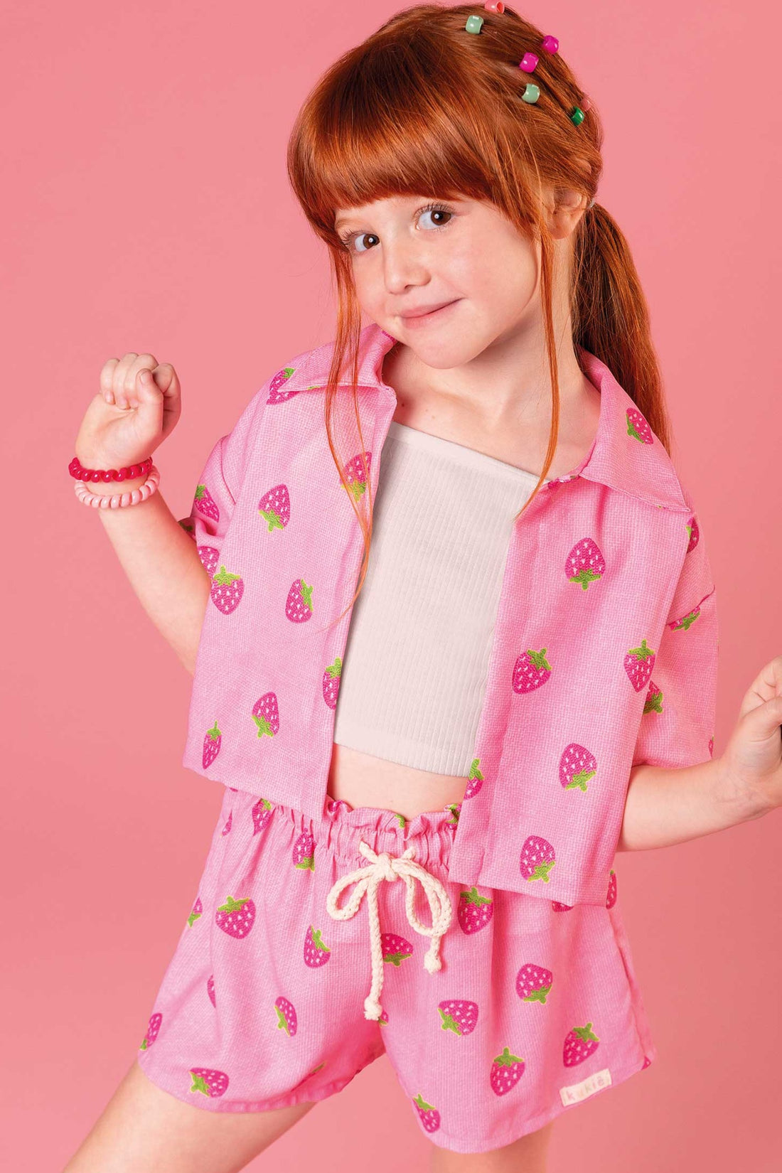 Conjunto Infantil Kukie Inverno Tropical Shorts Blusa e Top Rosa Morango