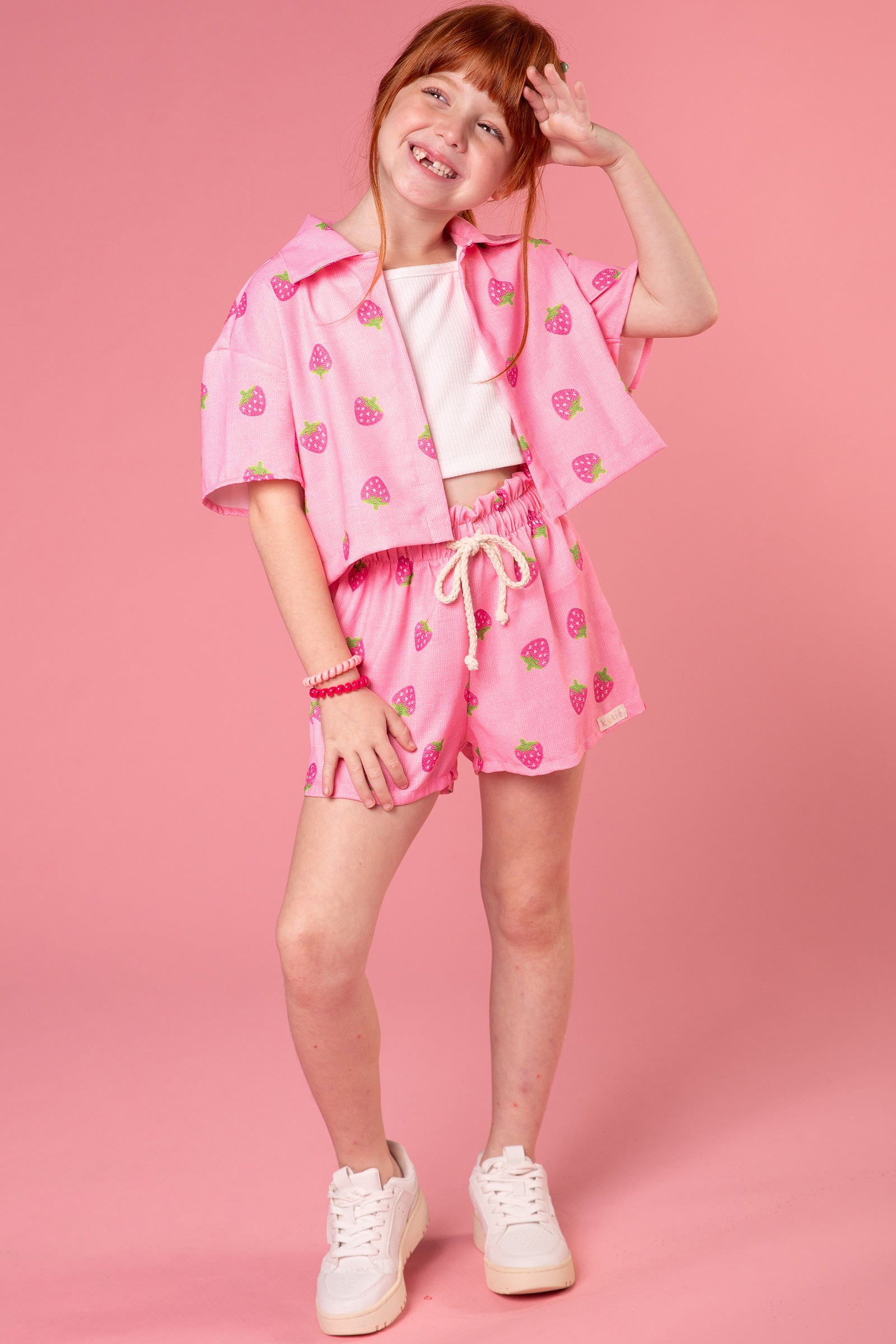 Conjunto Infantil Kukie Inverno Tropical Shorts Blusa e Top Rosa Morango